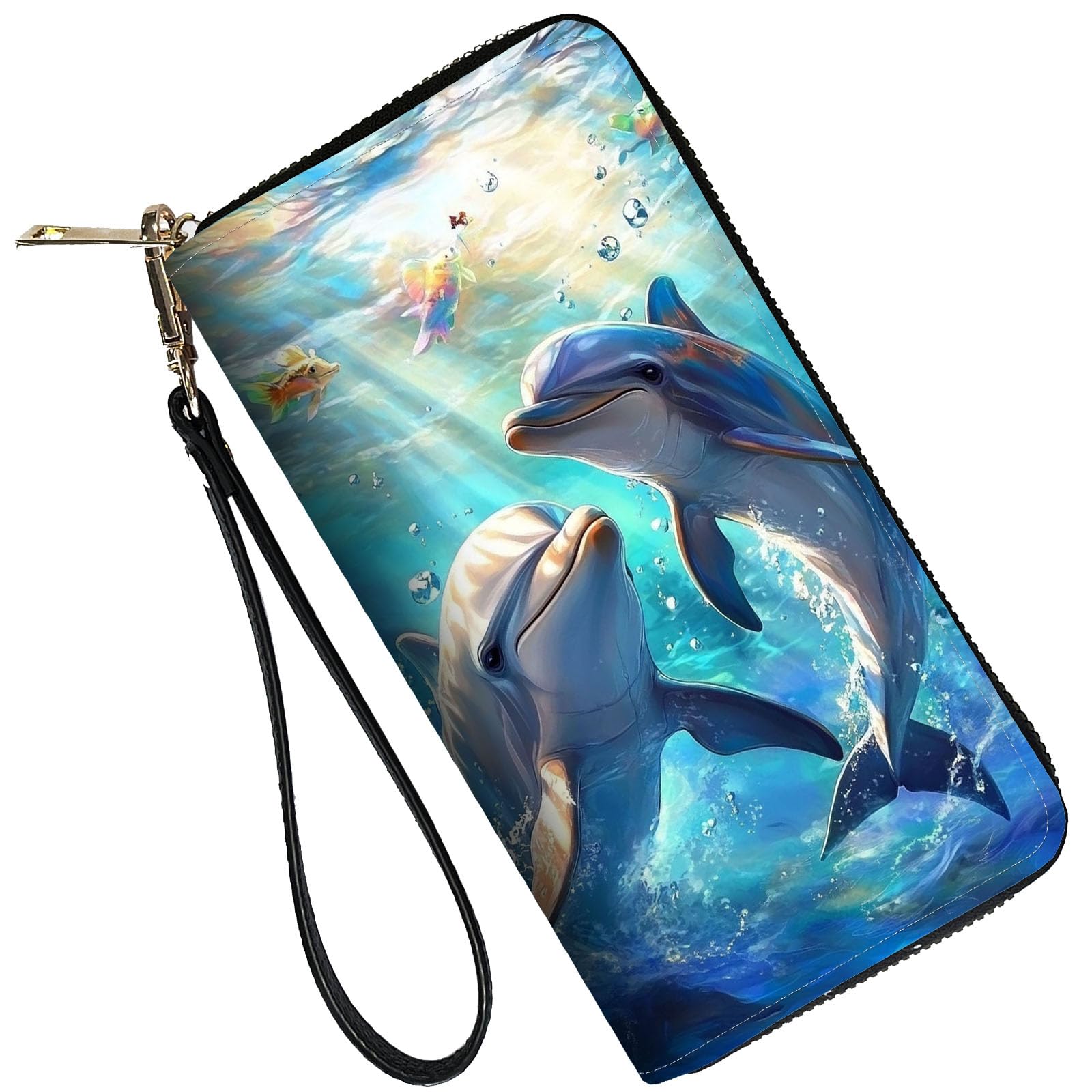 ZXYBNMLE RFID Blocking Leather Wallet for Women – Large Capacity Zip Around Clutch with 8 Card Slots,27 Cash Pockets & Coin Zipper,Dolphin