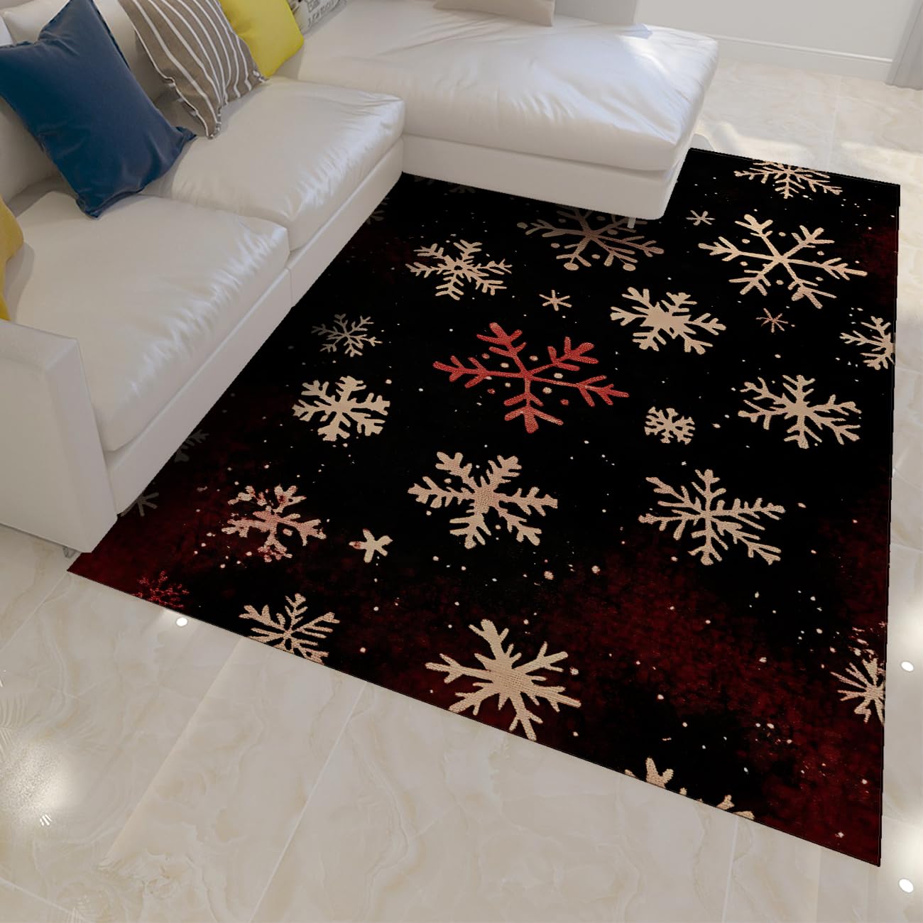 Tapis Noël lavable machine moquette antidérapante fine flocons de neige salon 90x150