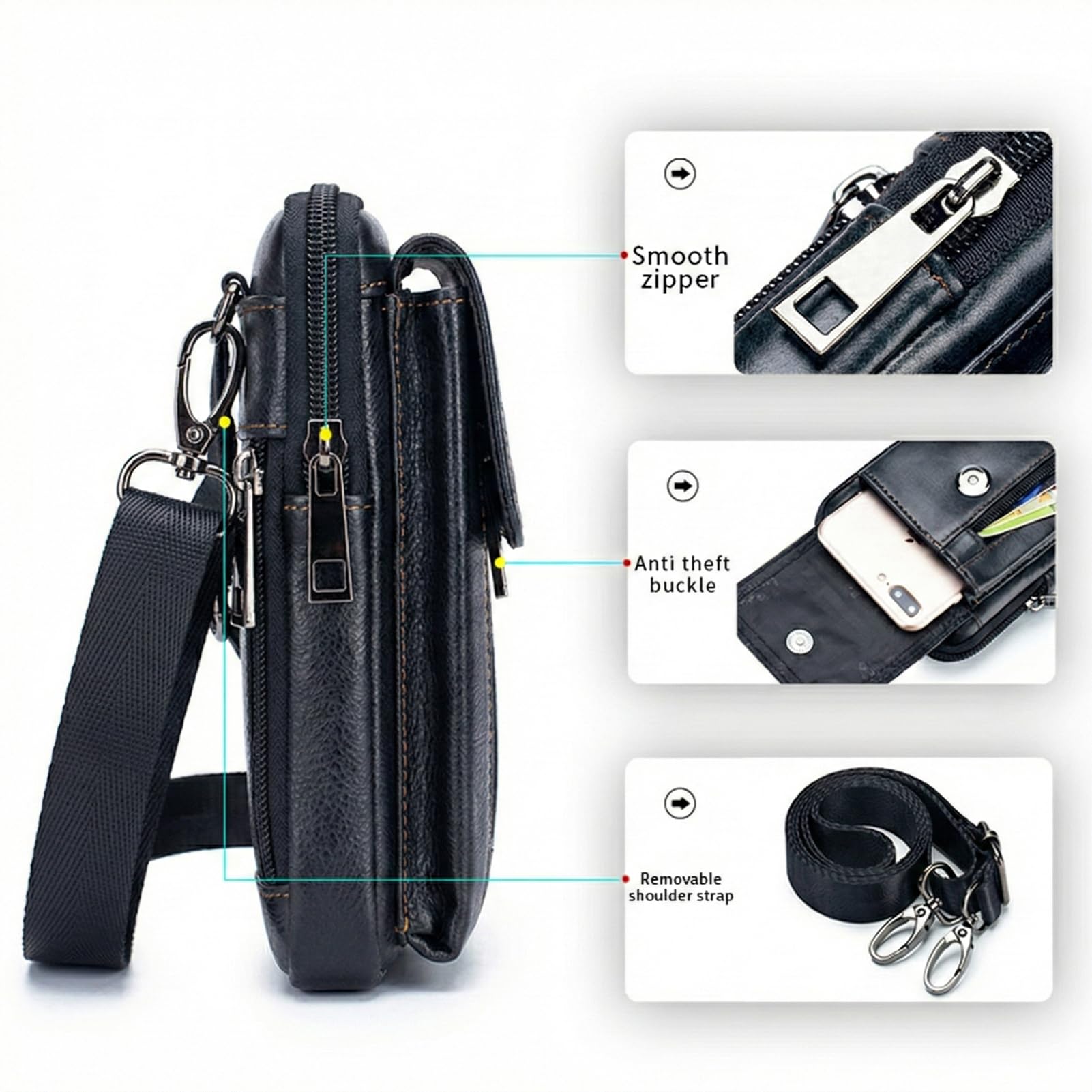 Pundarika Sacoche Homme en Cuir Bandoulière – Sac Banane 3-en-1 Ceinture & Épaule, Pochette Téléphone Portable, Petit Sac Bandoulière Vintage pour Homme, Voyage & Quotidien (Noir)