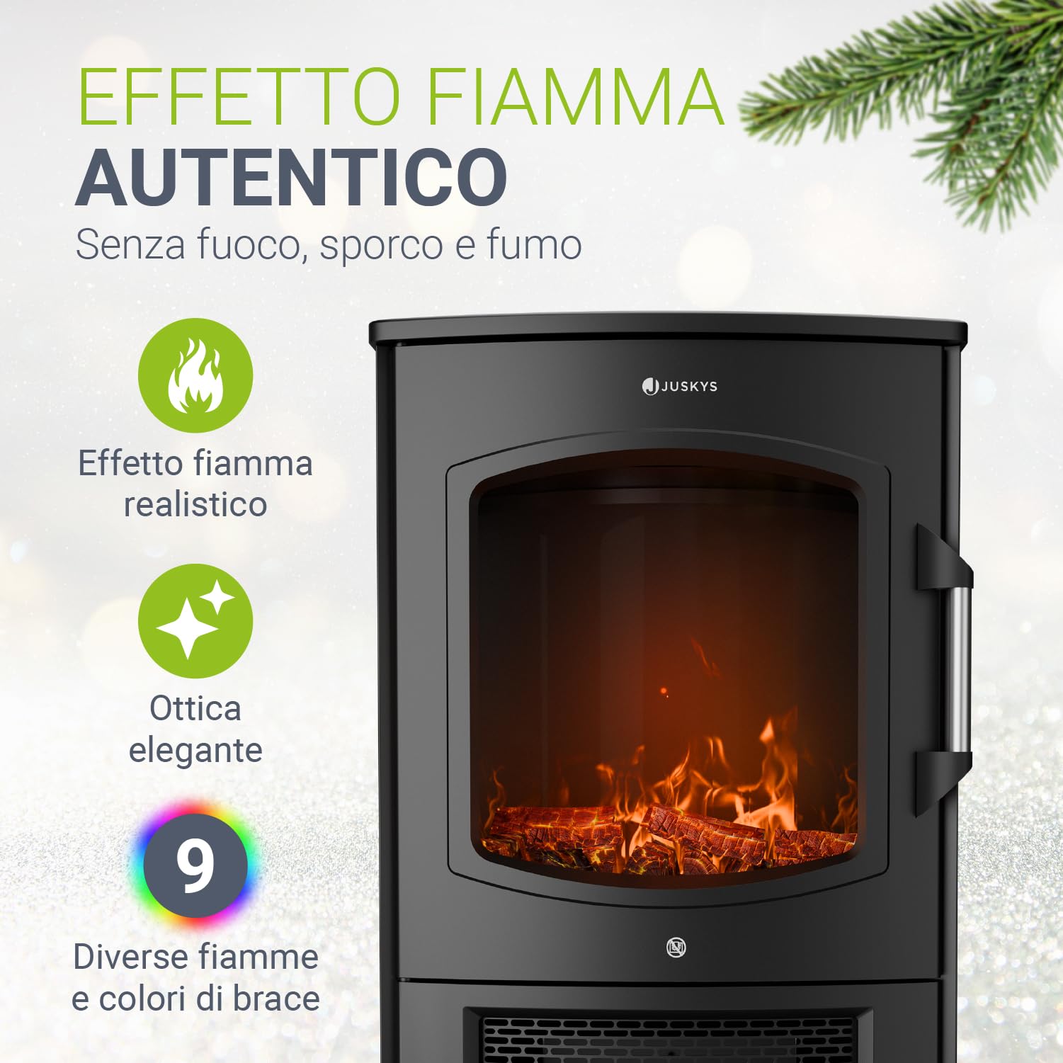 Juskys camino elettrico 1800W – Nero, stufa elettrica con effetto fiamma LED, WiFi/App, telecomando