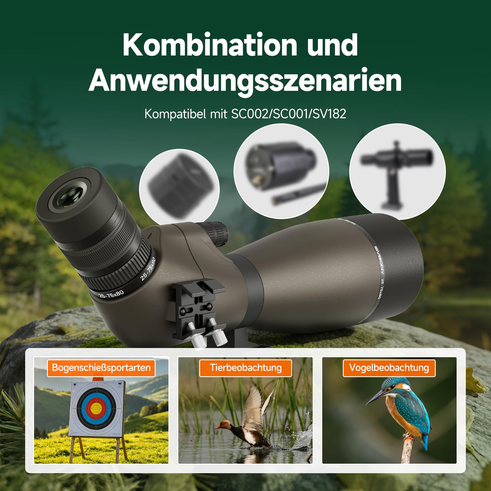 Svbony SV29 25-75x80mm Cannocchiale con attacco a coda di rondine e Treppiede, ampio campo visivo, prisma di Porro FMC, con adattatore per smartphone per tiro al bersaglio, birdwatching e osservazione
