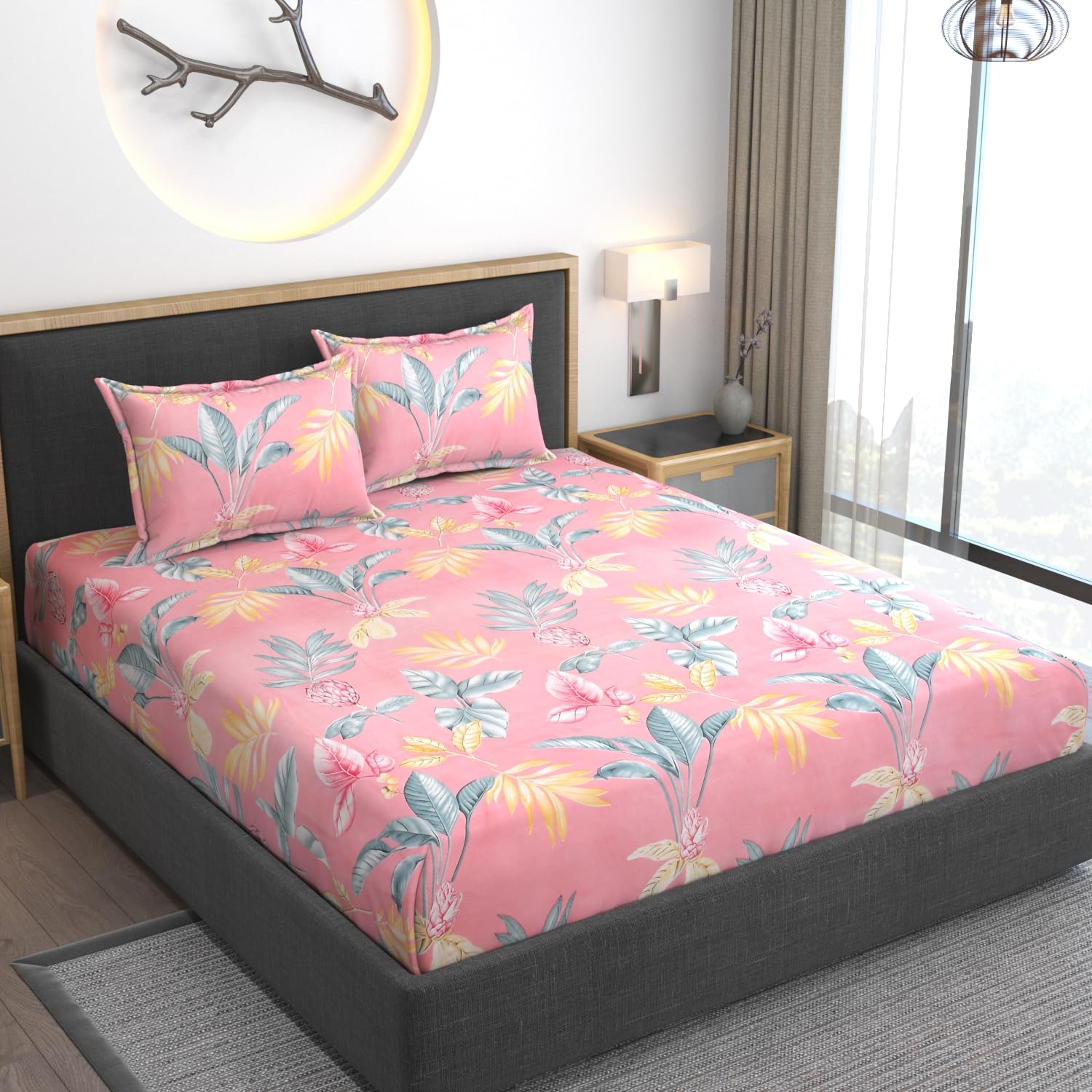 AMEYAA 350 TC Glace Cotton Feel All Around Elastic Fitted Bedsheets with 2 Pillow Covers | Premium Fitted Bedsheets for King Size Bed | Supersoft Fabric | Wrinkle-Free (King 78"x72", Peach Floral)