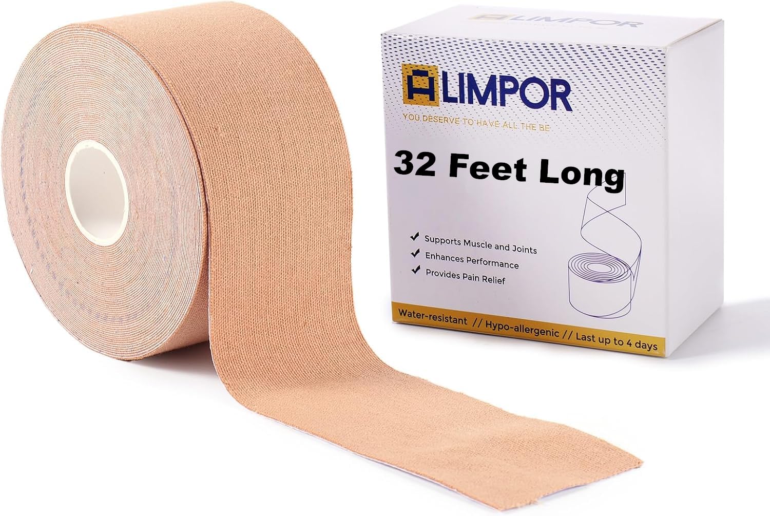 Kinesiology Athletic Tapes 2inx32 FT Long Sports Tape for Knees and Shoulders Support Cotton Hypoallergenic Waterproof Strong Adhesive