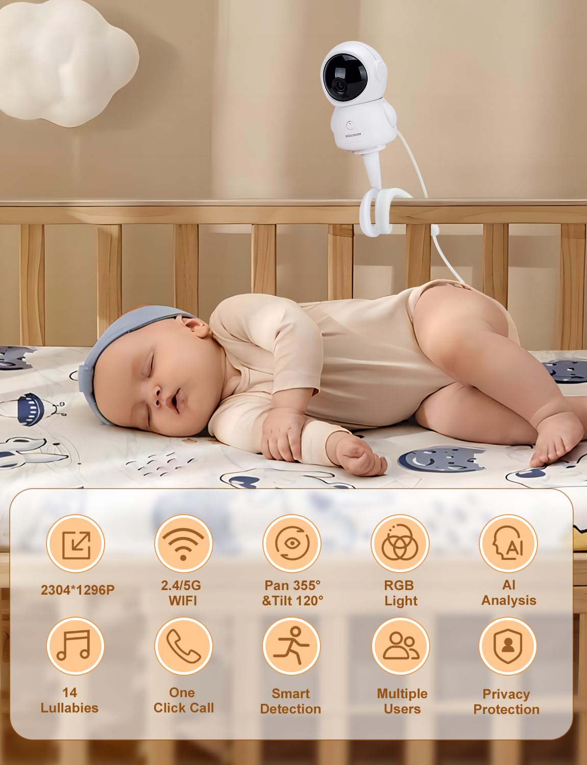 Cámara de bebé con soporte, detección de llanto, 2 K real cámara de bebé, monitor de bebé, conexión WiFi y control de aplicaciones, temperatura y humedad, cunas, luz RGB