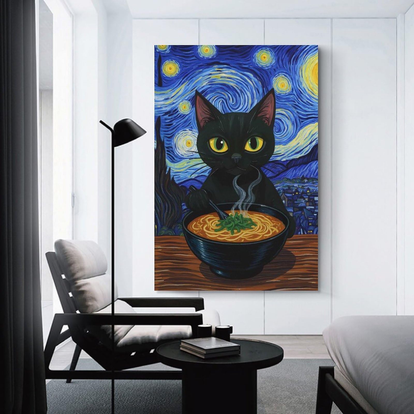 Junmoney Black Cat Ramen Starry Night Painting Canvas Wall Picture 20x30inch(50x75cm), for Living Room, Bedroom Or Apartment Walls, Modern Wall Decor for Cosy Interiors