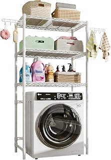 3-Tier Storage Unit, Washing Machine and Dryer Shelving Unit, Space-Saving Over Washer Storage Rack Shelves with Side Hooks, Adjustable Height for Laundry & Bathroom (White)