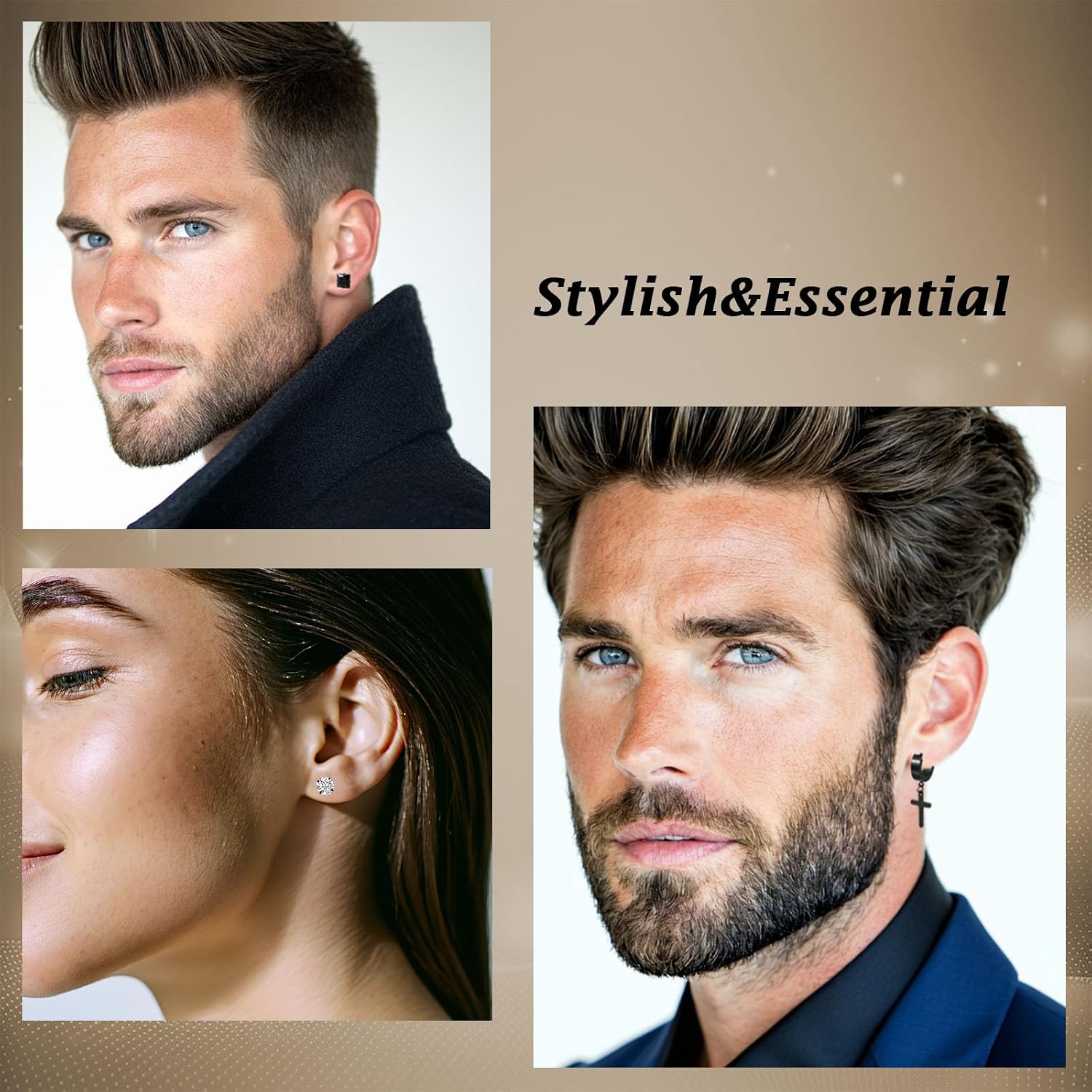 Earrings for Men - 18 Pairs, Black Gold Silver & Stainless Steel Stud, Cross, Dangle, Hoop Earrings Set - Fashion Piercing Jewelry image 5