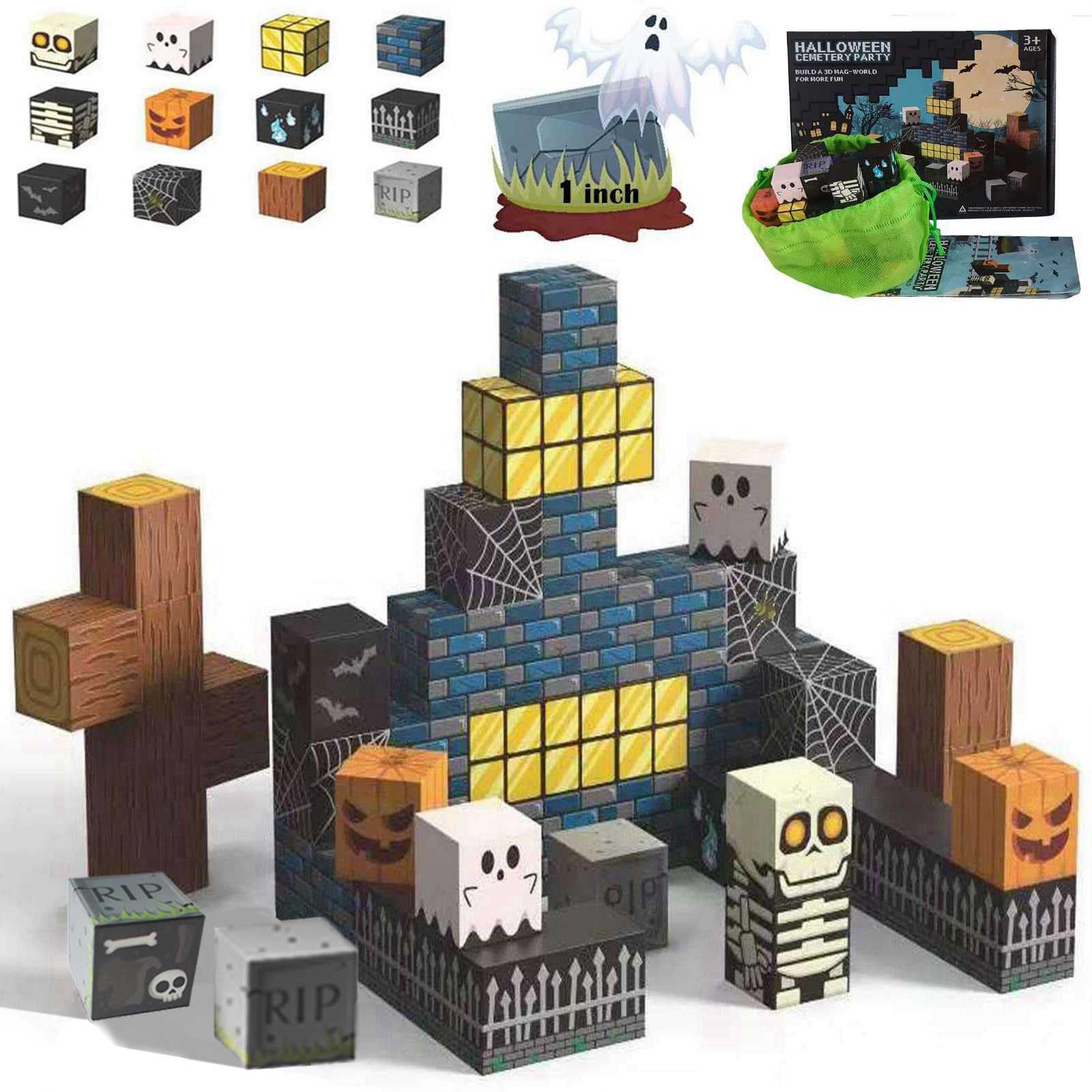 Halloween Themed Magnetic Blocks for Kids Skeleton Toys Spooky Town Building Kit Halloween Party Favors Gift for Children & Adults(1 inch)