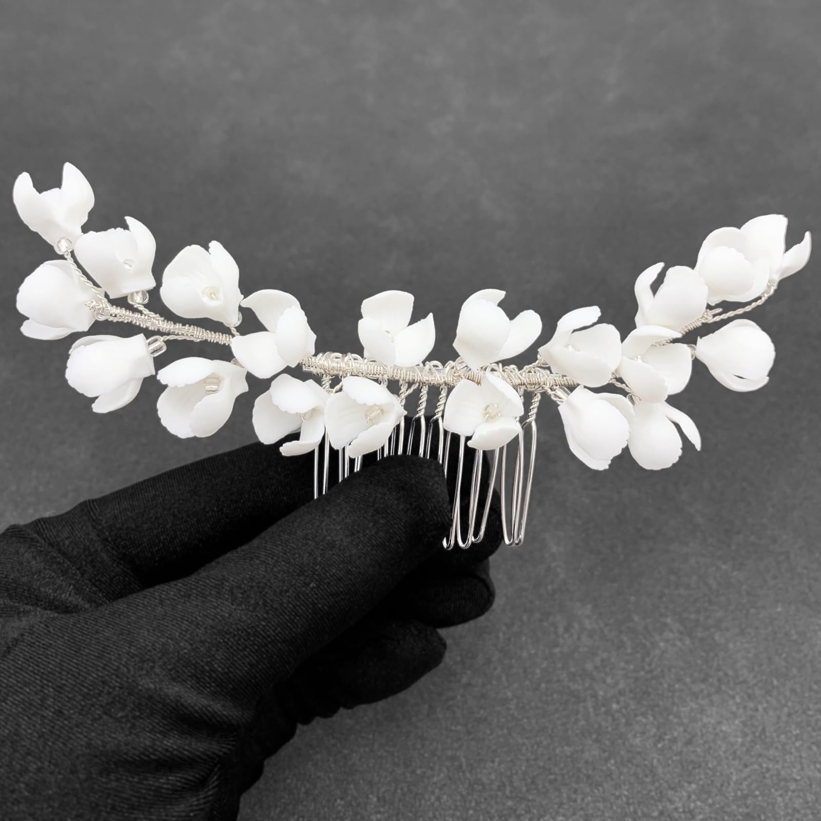 PRETTYLIFE Bridal White Hair Piece Elegant Ceramic Flower Silver Vine Hair Comb Accessories for Wedding Party