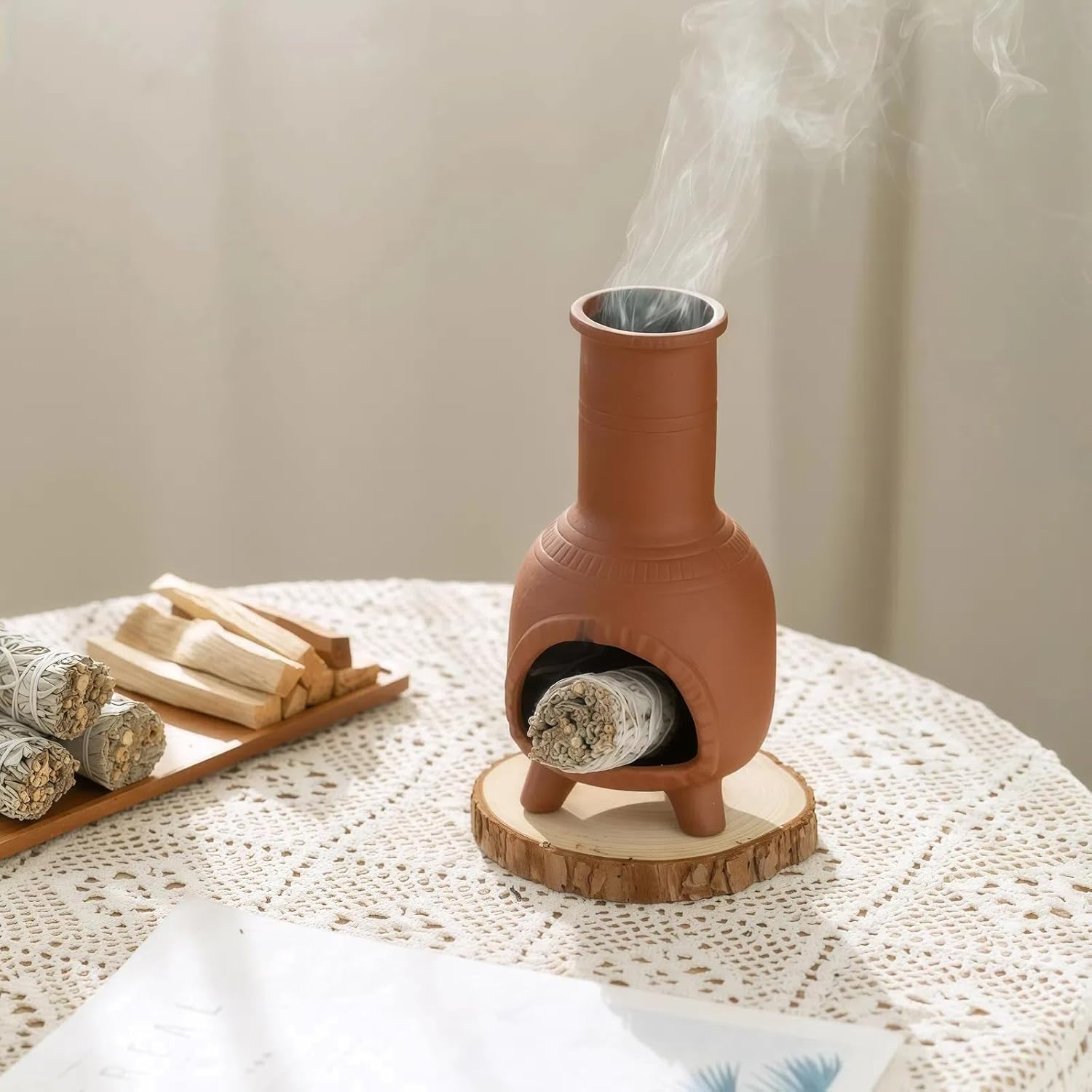 Handmade Terracotta Palo Santo Holder Burner & Sage Holde - Mexican Style Mini Tabletop Chiminea Tray with Ash Catcher, Decorative Incense Holder for Spiritual Meditation & Yoga