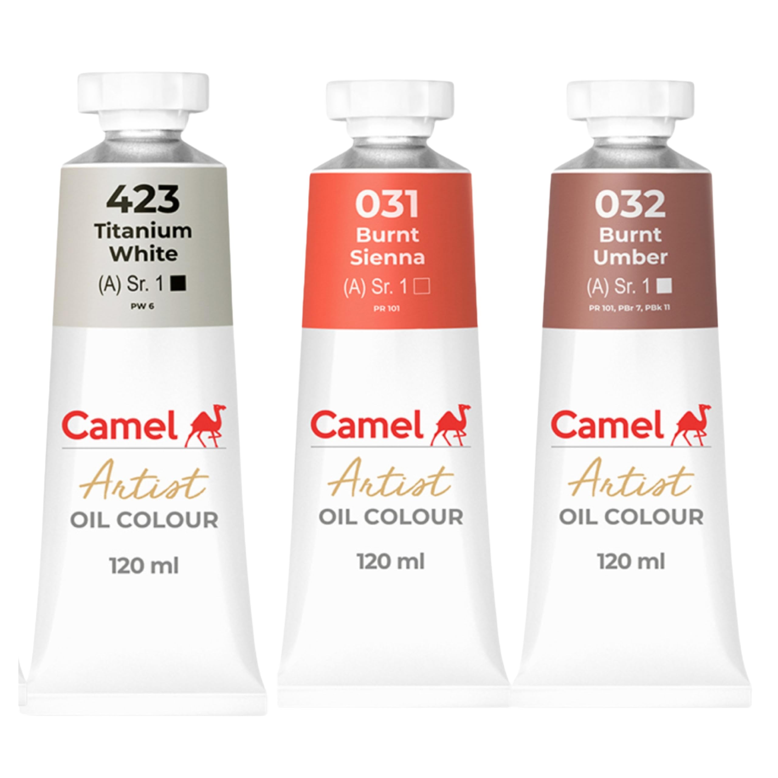Camel Artist Oil Colour Set, 120ml, Non-Toxic, Neutral Artist Oil Paint Set, Burnt Umber, Burnt Sienna, Titanium White NEUAOC3