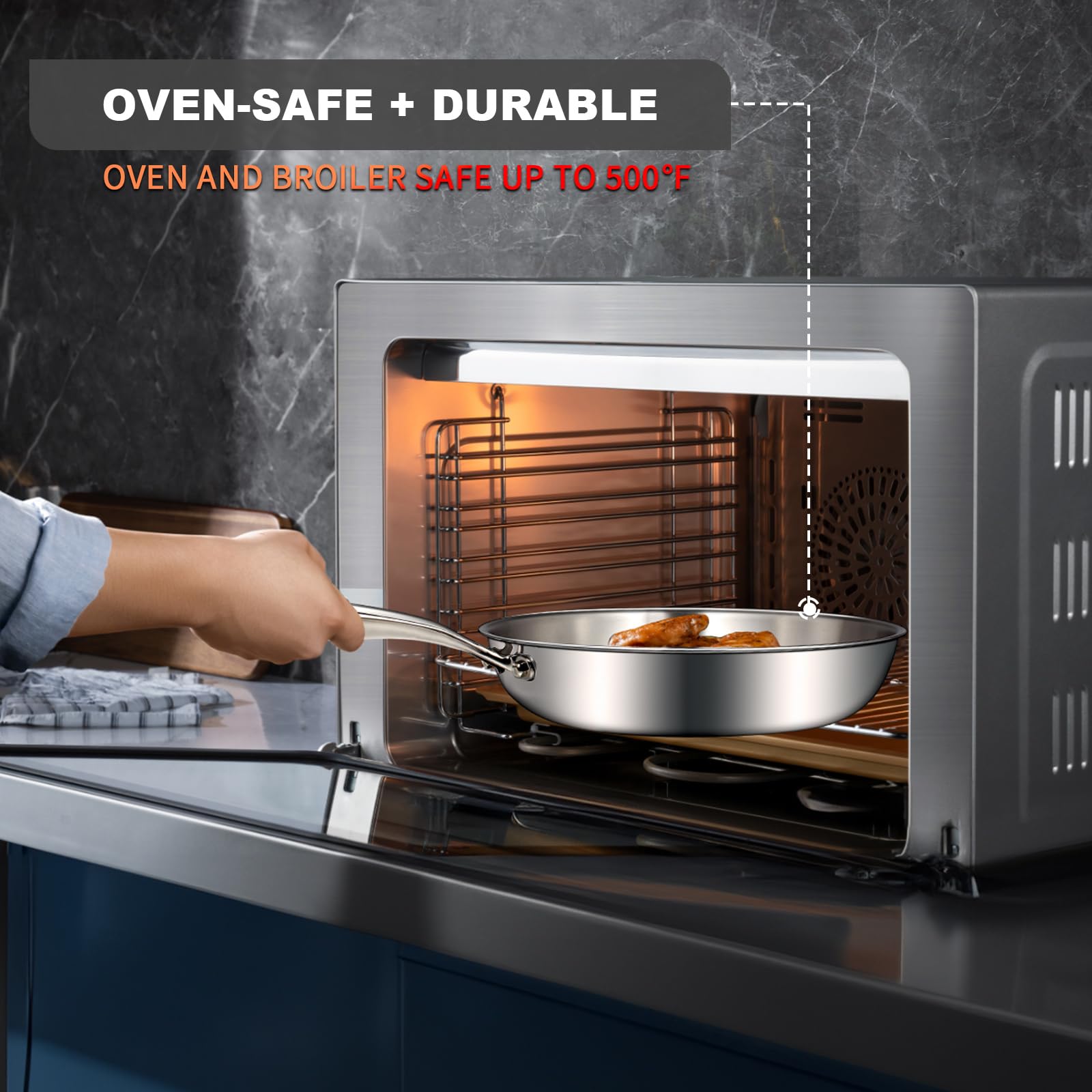 Sartén de acero inoxidable de tres capas de 12 pulgadas, sartén, sartén de inducción, apta para lavavajillas y horno, calor rápido y uniforme, mango resistente y desmontable 5