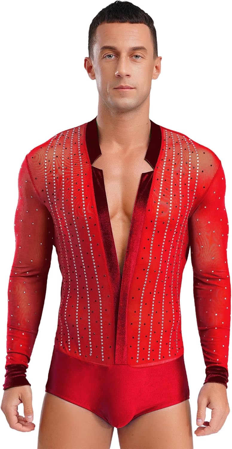 TiaoBug Men's Shiny Rhinestones V Neck Latin Tango Dance Shirt Tops Leotard Ballroom Dance Costume