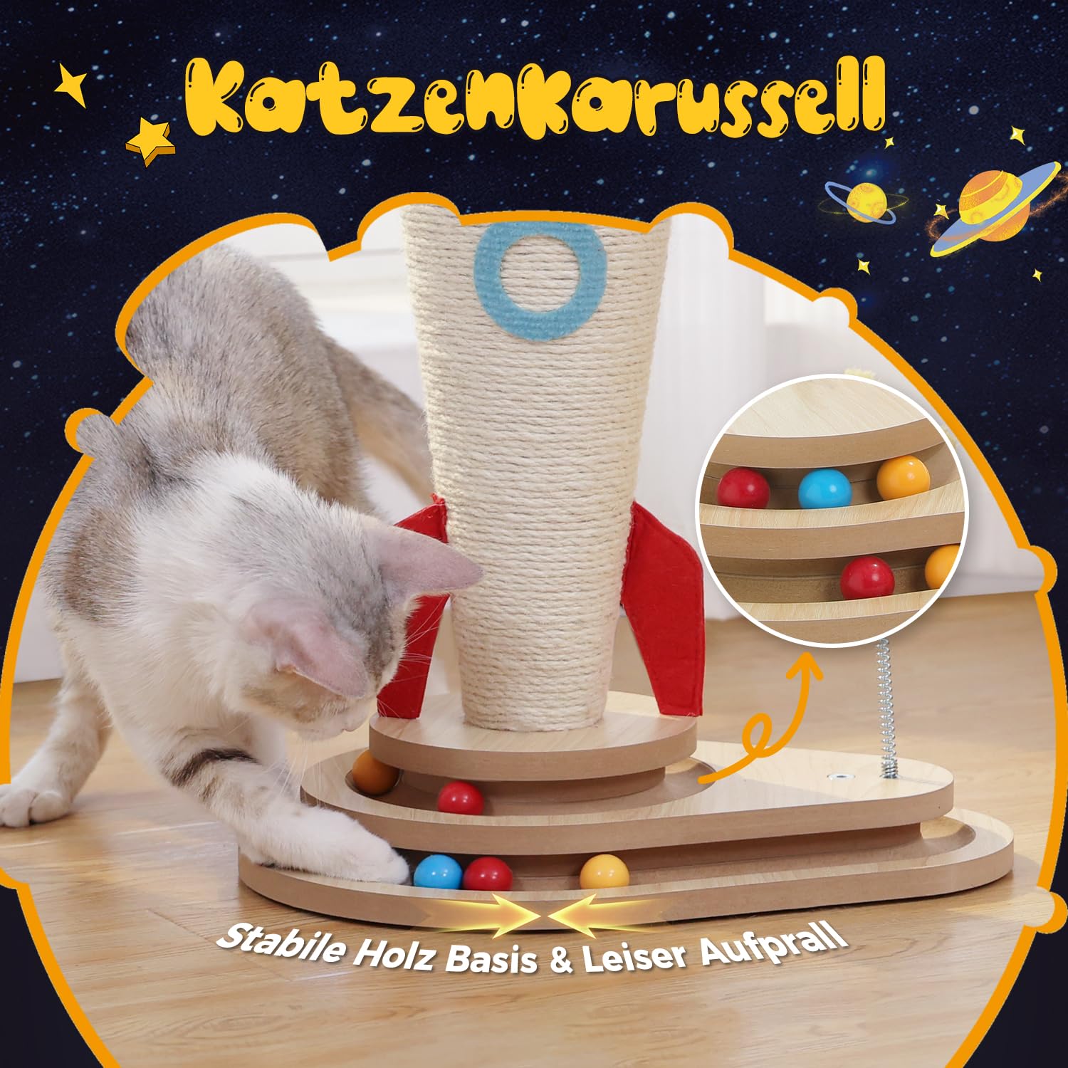 PETEPELA Rocket Design drapak dla kotów domowych, 61 cm, drapak dla kota z interaktywną zabawką dla kota, niebieski i biały