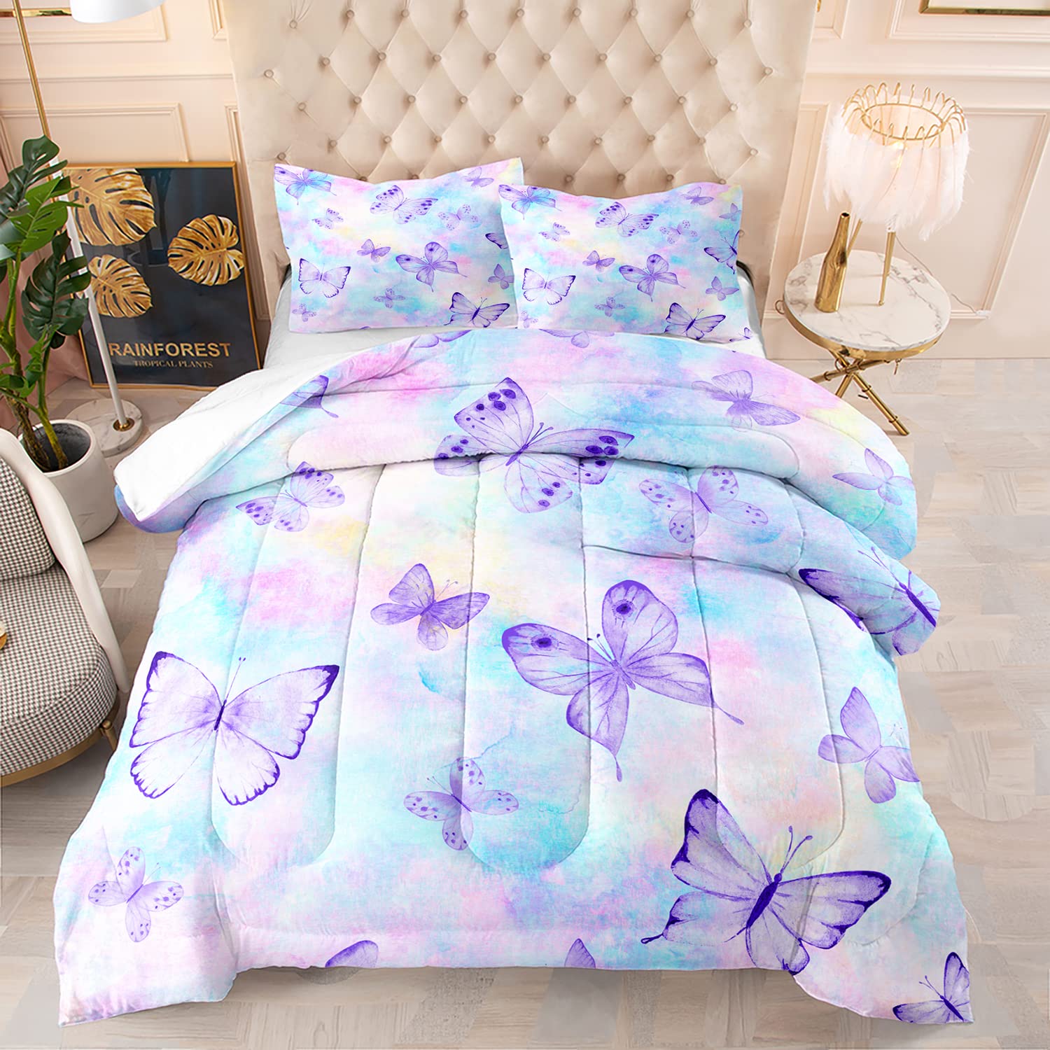CVHouse Butterfly Comforter Set,Rainbow Butterfly Bedding Set for Girls Kids Teens,Tie Dye Butterflies Comforter Butterflies Duvet Set Room Decor Quilt Set Queen Size