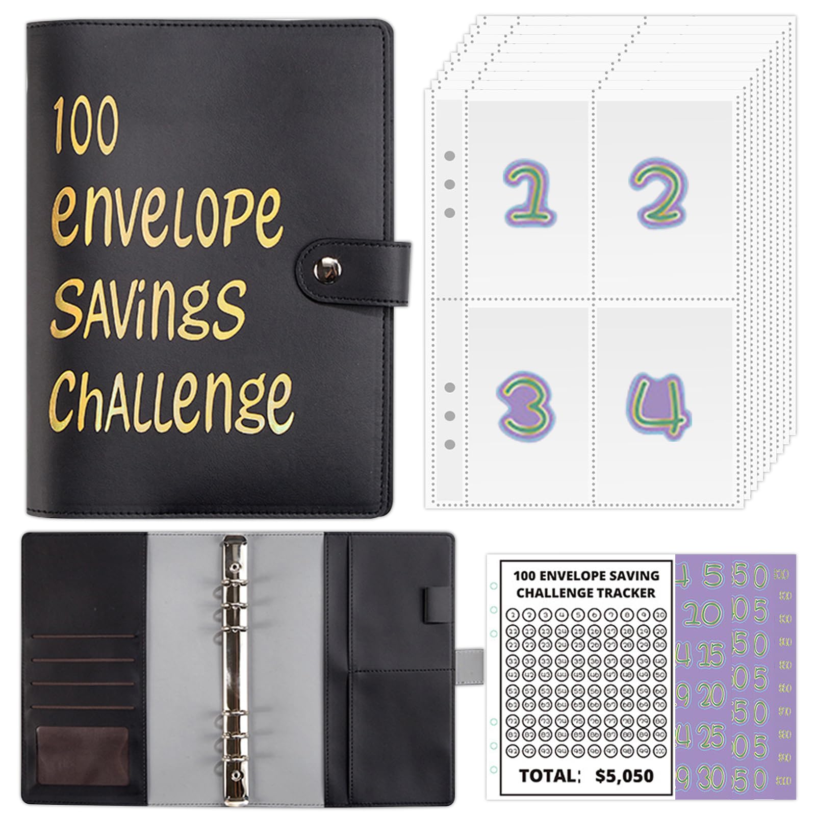 Photo 1 of 100 Envelopes Challenge Binder, Saving Challenge Binder Kit, Budget Binder Savings Challenges Book with Cash Envelopes, A5 Budget Planner Book to Save $5,050 Black