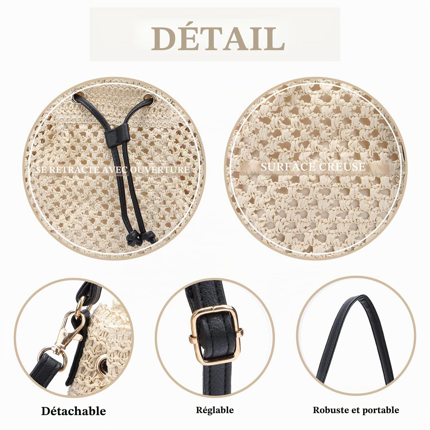 EVEOUT Sacs bandoulière Rétro Tissés Paille Femme Été Style bohème Grand Cabas Sacs portés épaule paille plage