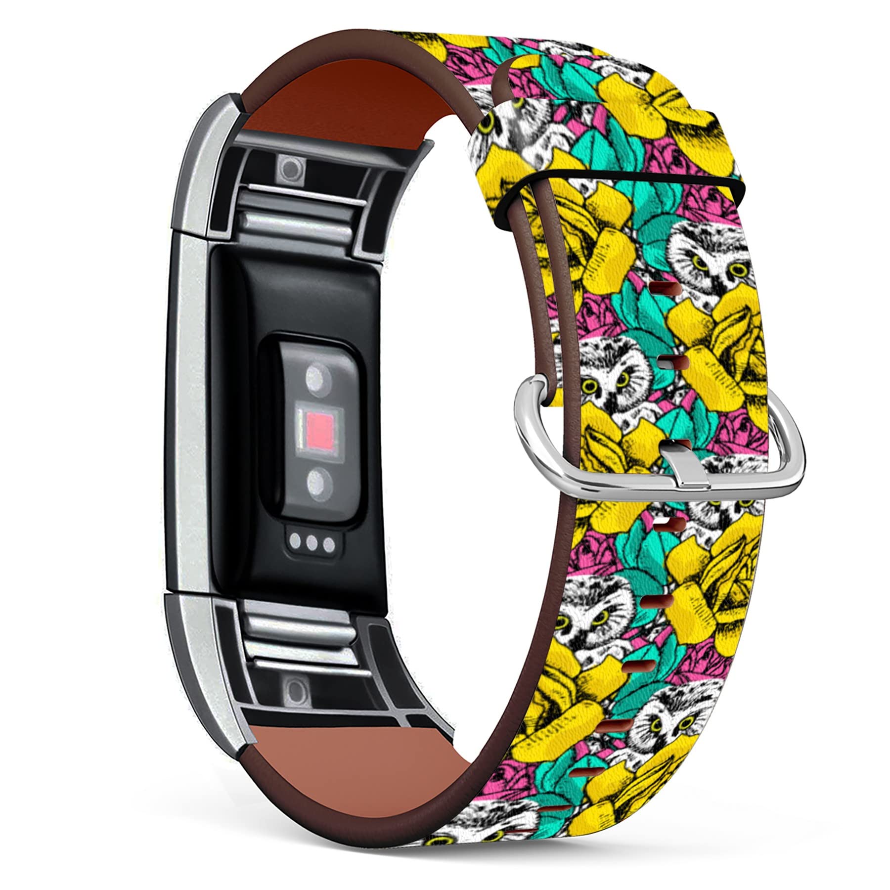 Compatible with Fitbit Charge 2 , Patterned Leather Replacement Band (Owl and Rose Pattern)