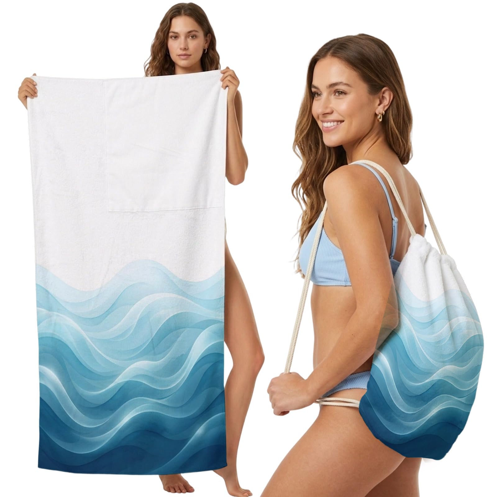 FWJZDSP Beach Towel Bag 2 in 1 Teal Blueid Waves Bath Pool Towels Backpack GradientMountain Absorbent Beach Towel Soft Quick Dry Lightweight Towels Drawstring Bag for Travel Camping Sports Picnic
