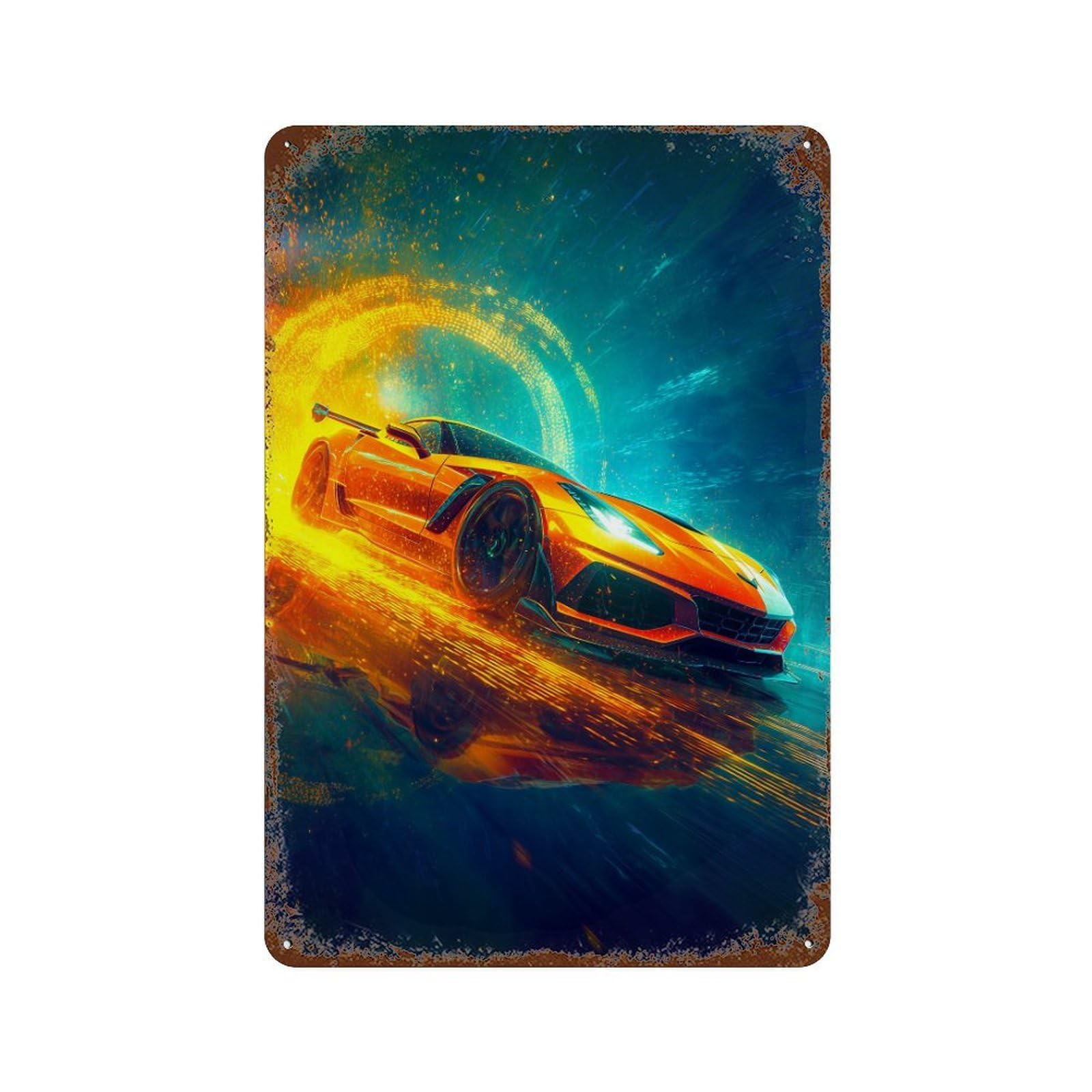Speeding Sports Car in Flames 11.8"x7.9" Rust Effect Tin Sign, Vintage Wall Decor for Farmhouse, Kitchen And Entryway Decor
