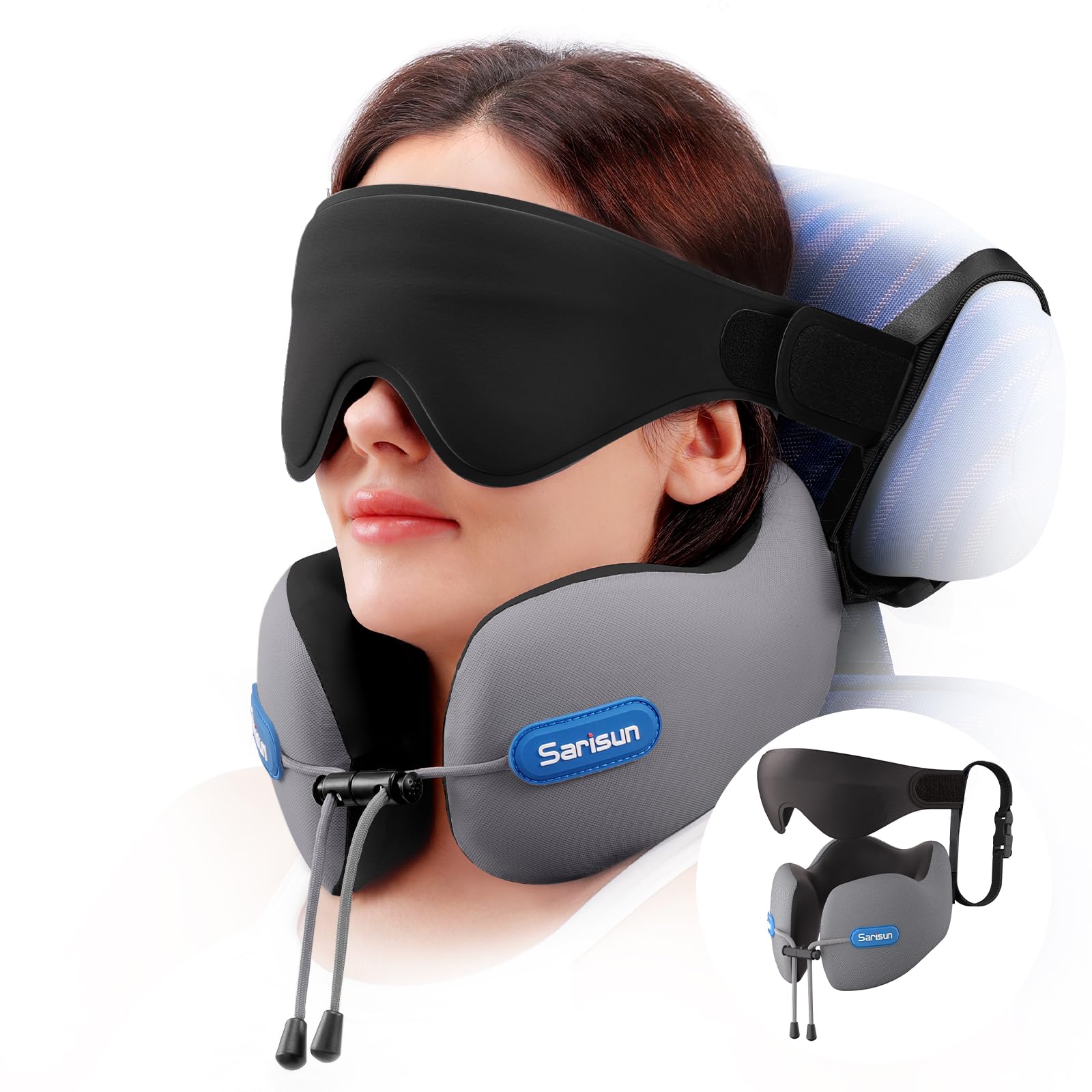 SARISUN Almohada de Viaje para Cuello, Cojin de Viaje Cuellos para Avión y Coche, Neck Travel Pillow, Viajes Accesorios Incluye Almohada Viaje Cuello Antifaz 3D para Dormir, Espuma Memoria Gris