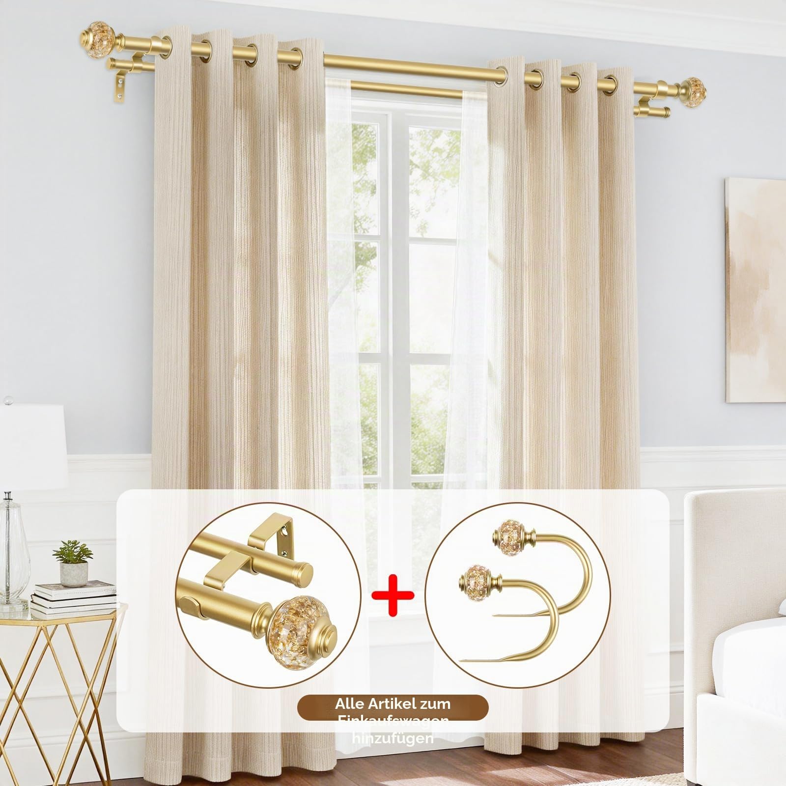2,5 cm goldene Doppel-Gardinenstangen 91,4 bis 182,9 cm (3 bis 1,8 m), USFOOK Gardinenstangen für Fenster, Teleskop-Doppelvorhangstange mit luxuriösen durchscheinenden Endstücken