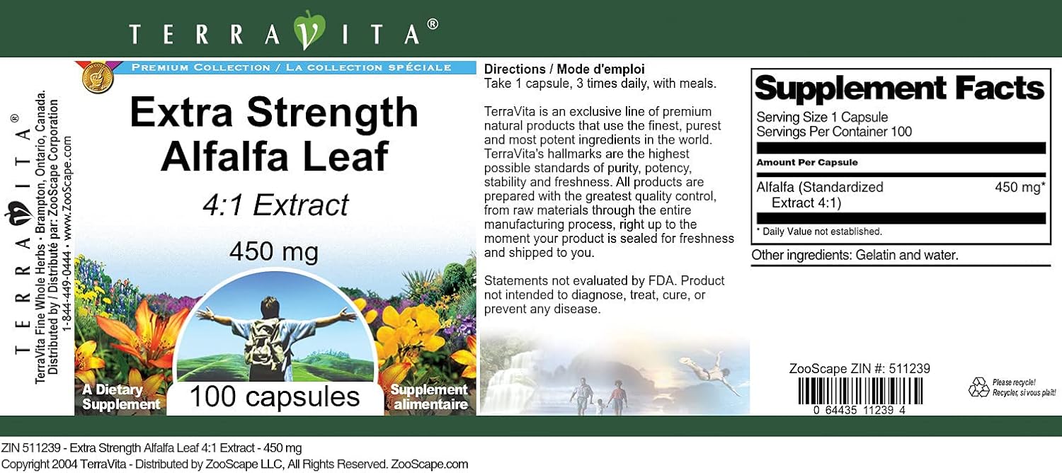 Extra Strength Alfalfa Leaf 4:1 Extract - 450 mg (100 Capsules, ZIN: 511239) - 3 Pack