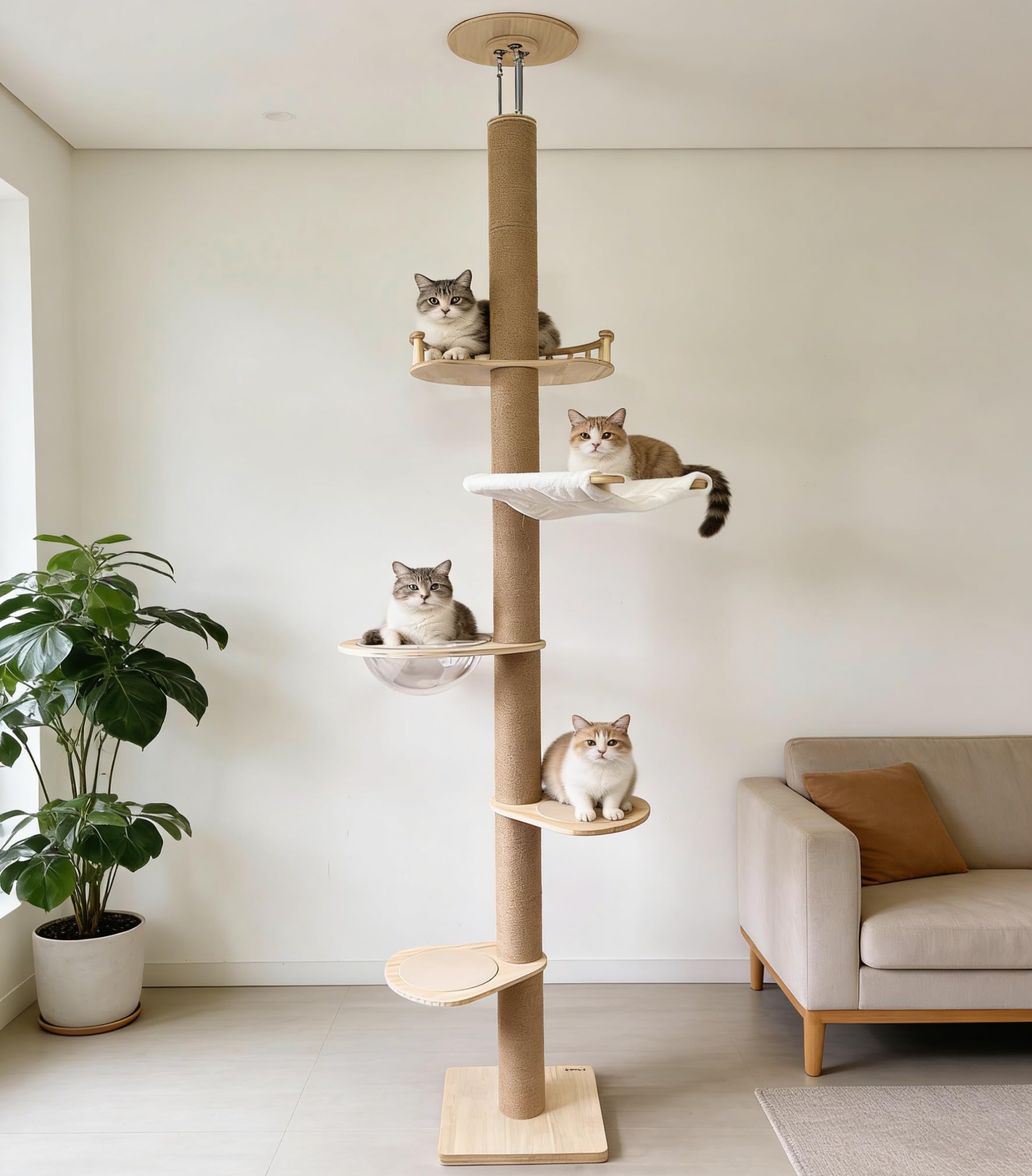 Floor to Ceiling Cat Trees Tower with Sisal Rope Scratching Post, Adjustable Height 82-117 inch, 5 Tier Cat Climbing Tree for Indoor Cats Large Adult, Modern Tall Cat Activity Tree(Deluxe Style 3)