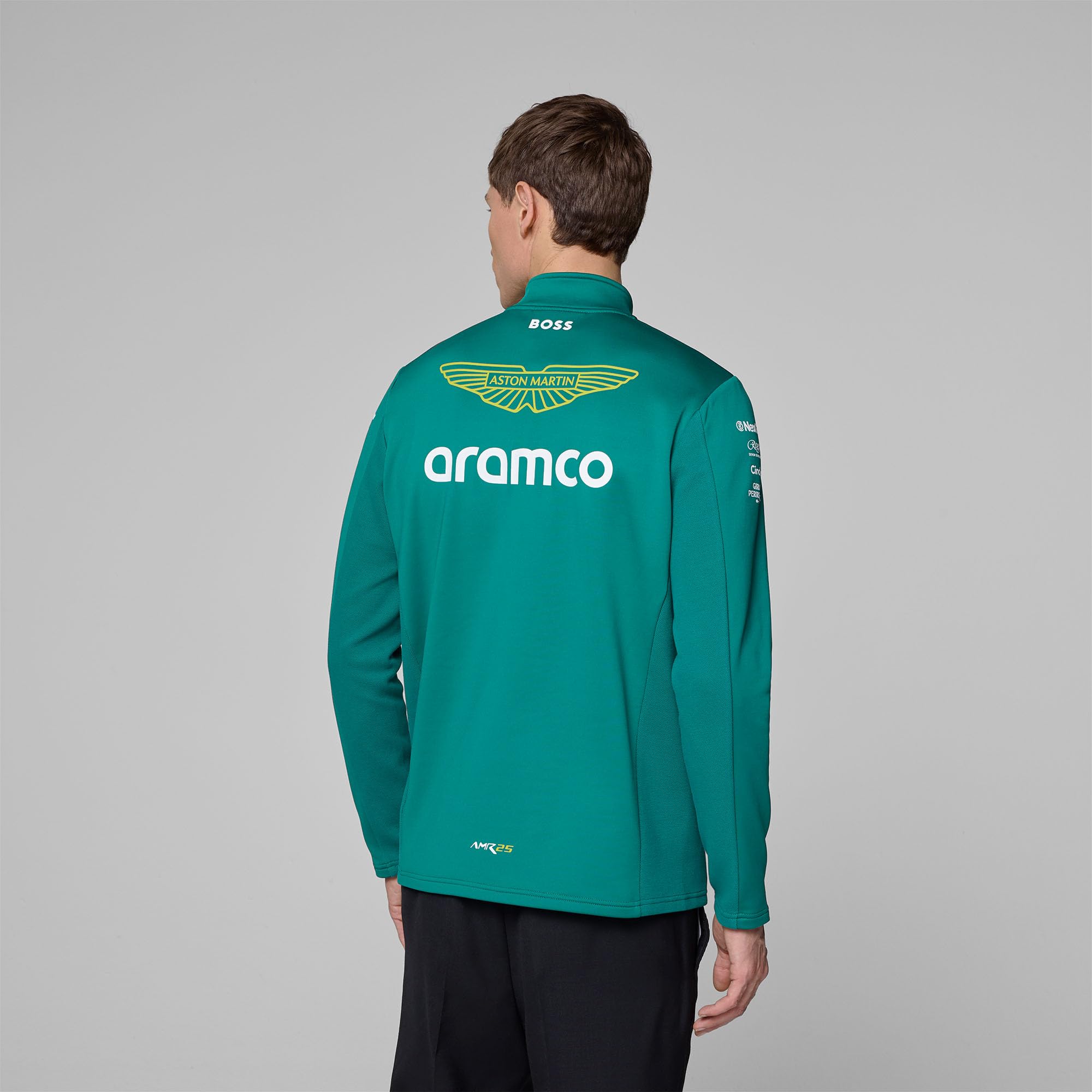 Aston Martin F1 2025 Sudadera 1/4 Zip para Hombre | Logotipos de los socios del equipo de la Scuderia Ferrari de 2025, Detalle de rayas del equipo en el cuerpo