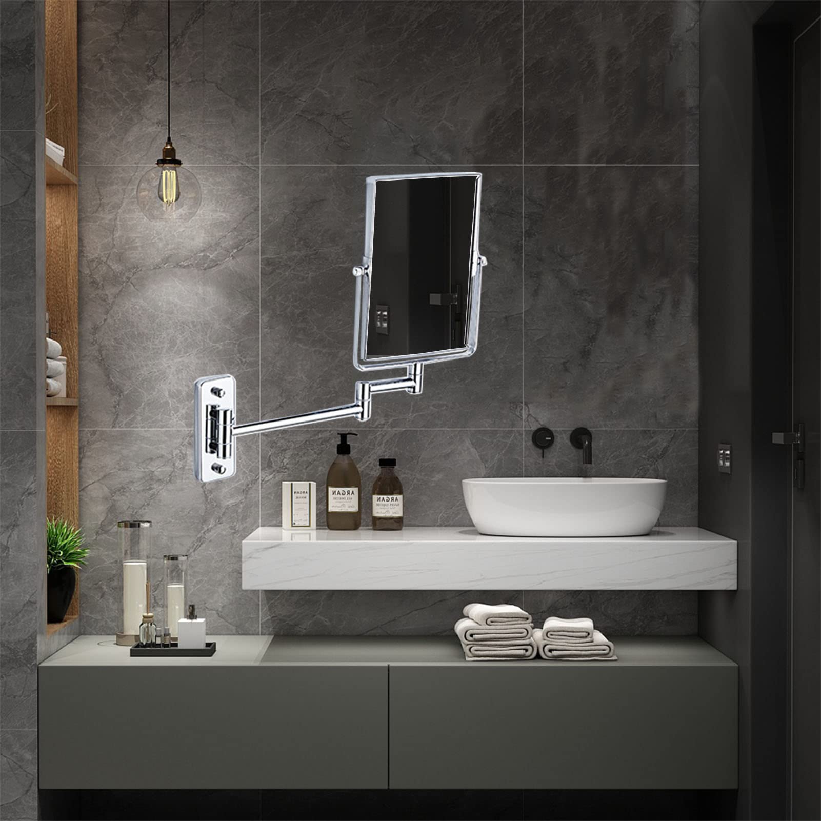 Wall Mounted Makeup Mirror with Magnification with 1x/3x Magnification, Rectangle Double Sided Personal Make Up Vanity Mirrors 360° Swivel Extendable Mirror for Bathroom Shaving (Silver White 3X )