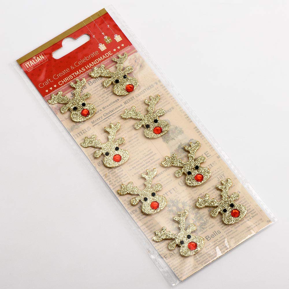 Italian Options Gold Glitter Mini Reindeer Faces Christmas Craft Decorations (Pack Of 8)