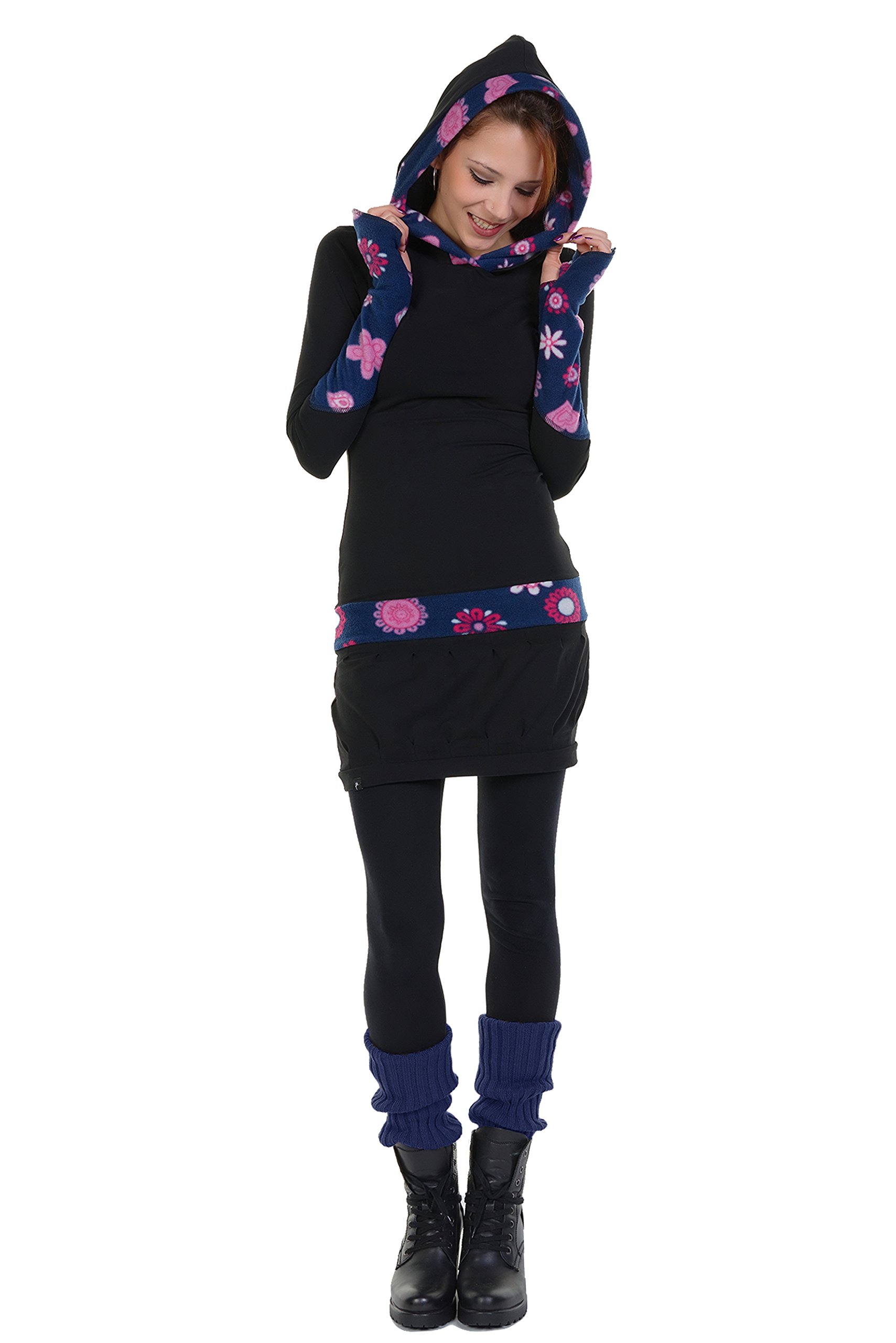 3Elfen Zauberhaftes Winterkleid mit Ballonrock und Kapuze mit farblich abgesetzten Fleece Details - Made in Berlin