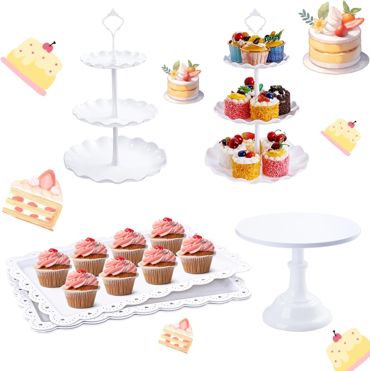EI 7pcs Cake Stand Three-Tier Cupcake Stands Appetizer Trays Dessert Table Display Set Multiple Styles Candy Fruit Display Tower for Birthday Party Wedding Anniversary Baby Shower 7 Pack