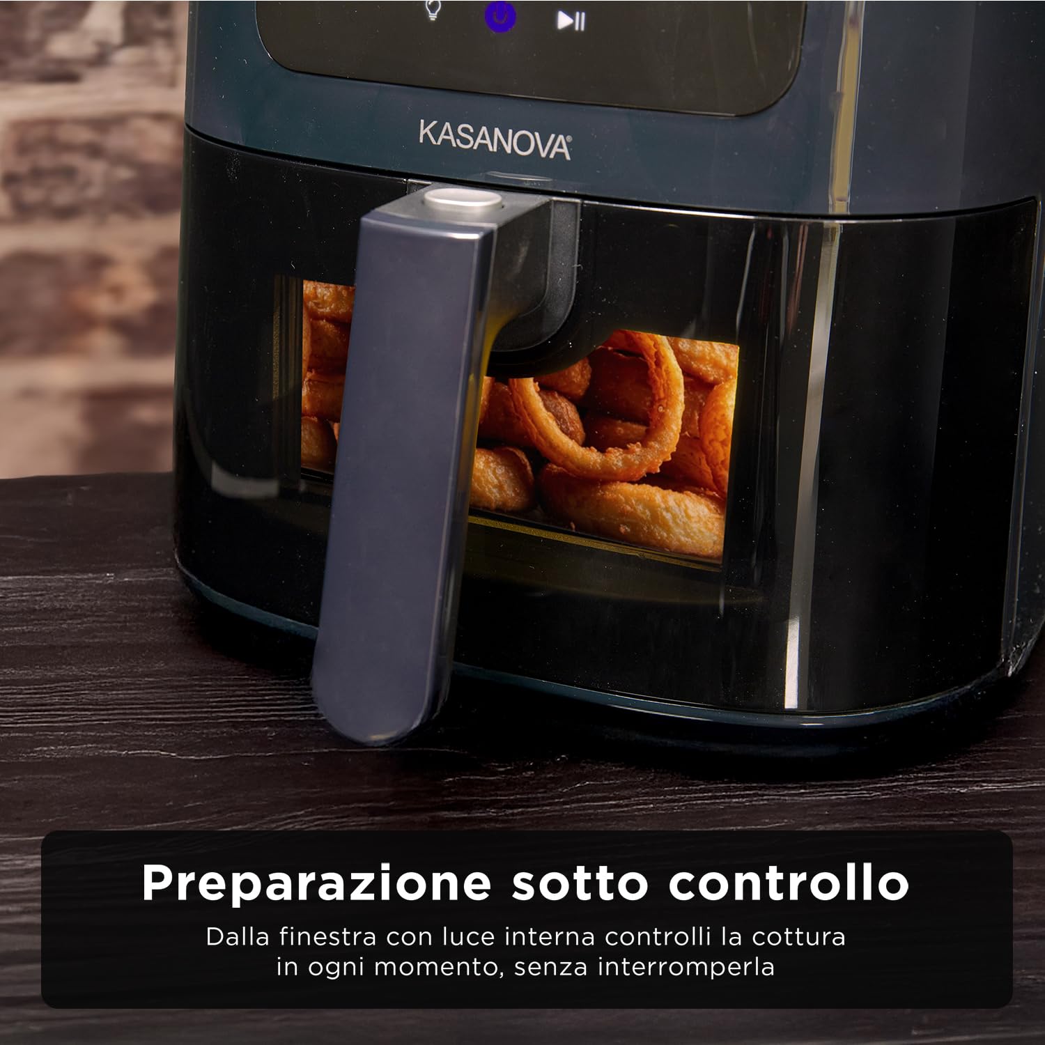 KASANOVA Friggitrice ad aria display digitale 12 programmi, capacità 5 L con finestra trasparente, cottura leggera senza olio e fumo, 1500 W (Blu)