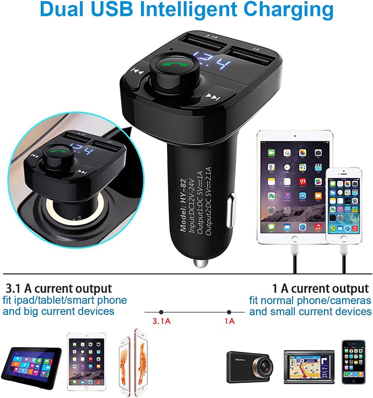 HUYVMAY Bluetooth FM Transmitter Car Charger Adapter, Wireless Radio Transmitter for Car, MP3 Player Bluetooth Car Adapter, Dual USB Charging Car Charger MP3 Player Support TF Card & USB Disk : Electronics