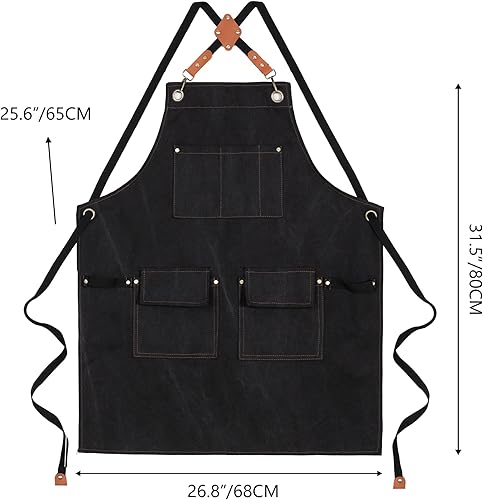 Miniatura 2 de Delantales de chef de lona para hombres y mujeres con bolsillos, delantal de algodón con espalda cruzada, ajustable, para trabajo pesado, talla M a
