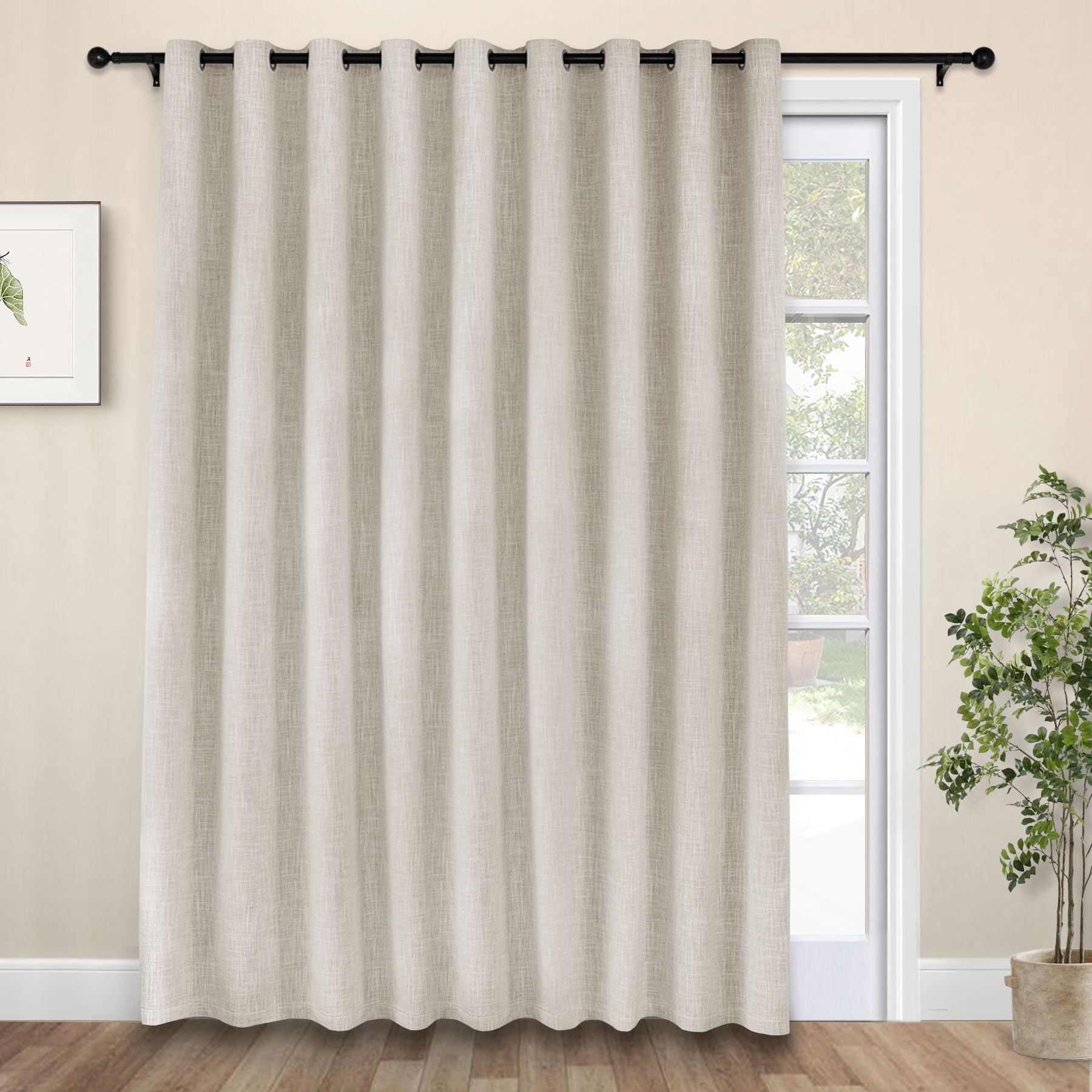 Macochico Extra Wide 100% Blackout Linen Curtains for Sliding Door Room Divider Patio Doors Nursery Noise Reducing Thermal Drapes 100" Wx84 L Sand