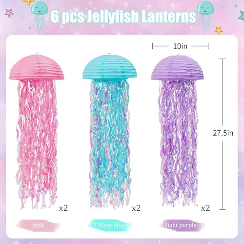 Miniatura 2 de Decoraciones de cumpleaños de sirena, faroles de papel de medusas, farol colgante de color rosa lavanda azul para baby shower con temática de sirena