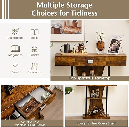 Miniatura 4 de Giantex Mesa de consola estrecha en forma de T detrás de la mesa del sofá con cajón estantes kits dobles antivuelco mesa de vestíbulo moderna mesa
