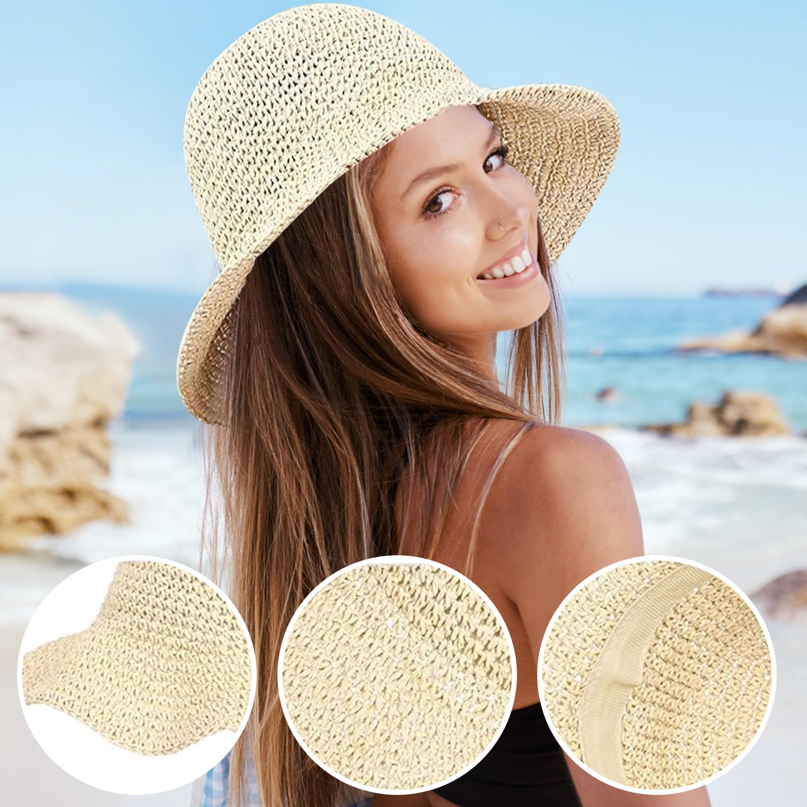 Sombrero de Sol para Mujer,Sombrero de Paja de Las Mujeres, Sombrero de Viaje de Verano Paja de Verano Plegable de ala Ancha para Playa