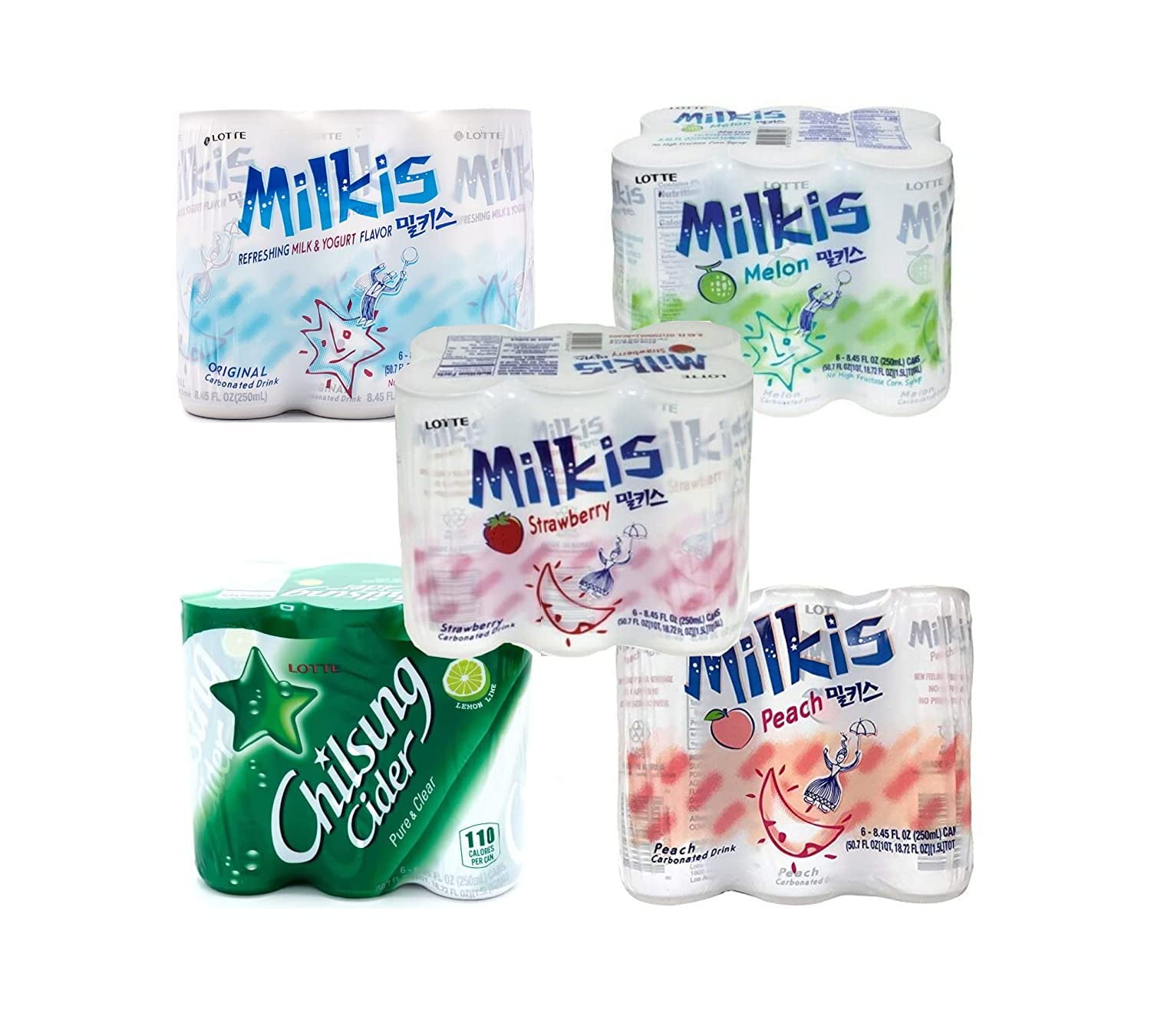 Korean Soft Drink Variety 30-Pack by Lotte (Milkis, Chilsung Cider, 2% Peach) (Variety No 1)