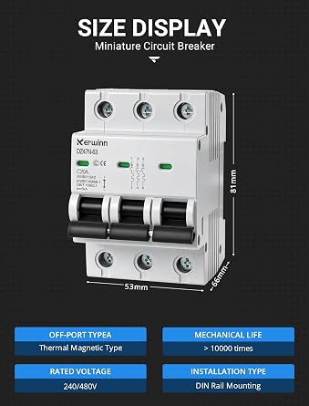 3 Pole Miniature Circuit Breaker,240V/480V AC Circuit Breaker, 50Amp Thermal Magnetic Trip Smart Circuit Breaker AC Disconnect Switch DIN Rail Mount (50A)