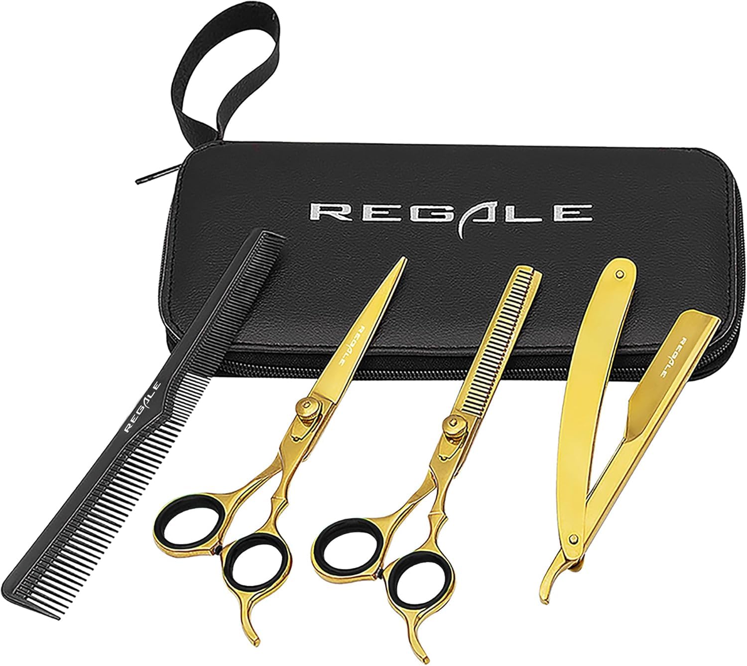 Gold Pro Barber Kit 5-Piece Professional Set Includes Titanium Gold Pro Hair Cutting Shear, Thining Shear, Razor, Comb and Protective Zipper Case – Professional Barber Salon Kit