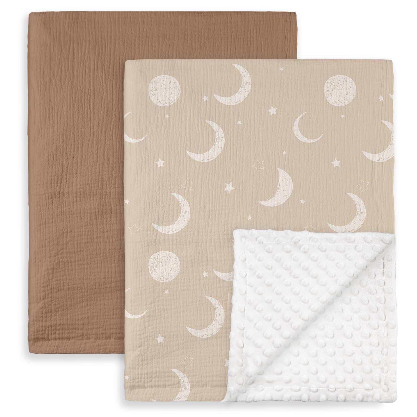GLLQUEN BABY Blankets for Unisex Boys Girls, 2-Pack Muslin Cotton Front Soft and Breathable, and Dotted Fleece Backing, Printed Bed Nursery Minky
