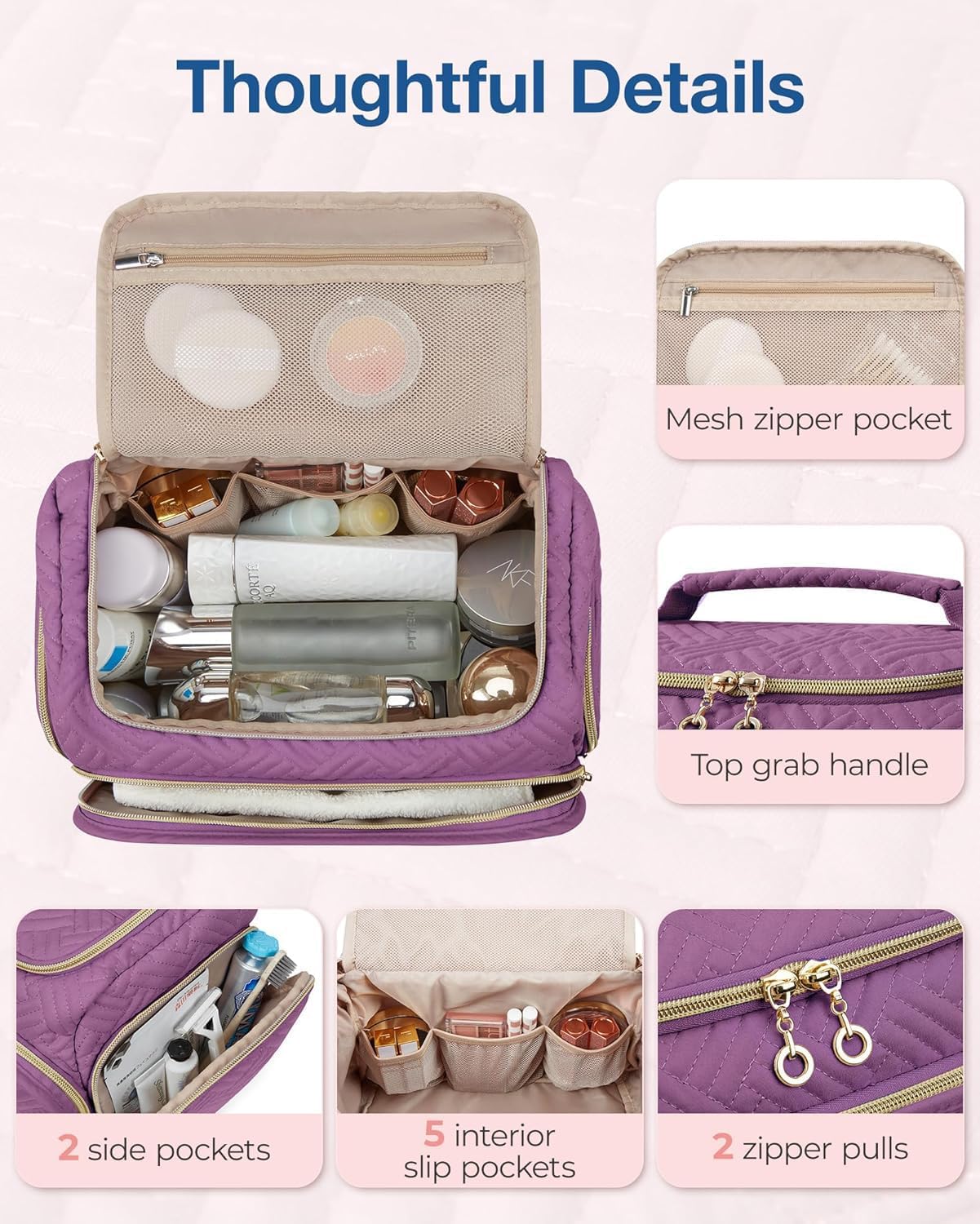 BAGSMART Travel Toiletry Bag for Women, Cosmetic Bag Makeup Bag Organizer with Handle, Travel Bag for Toiletries, Travel Accessories, Full Sized Container