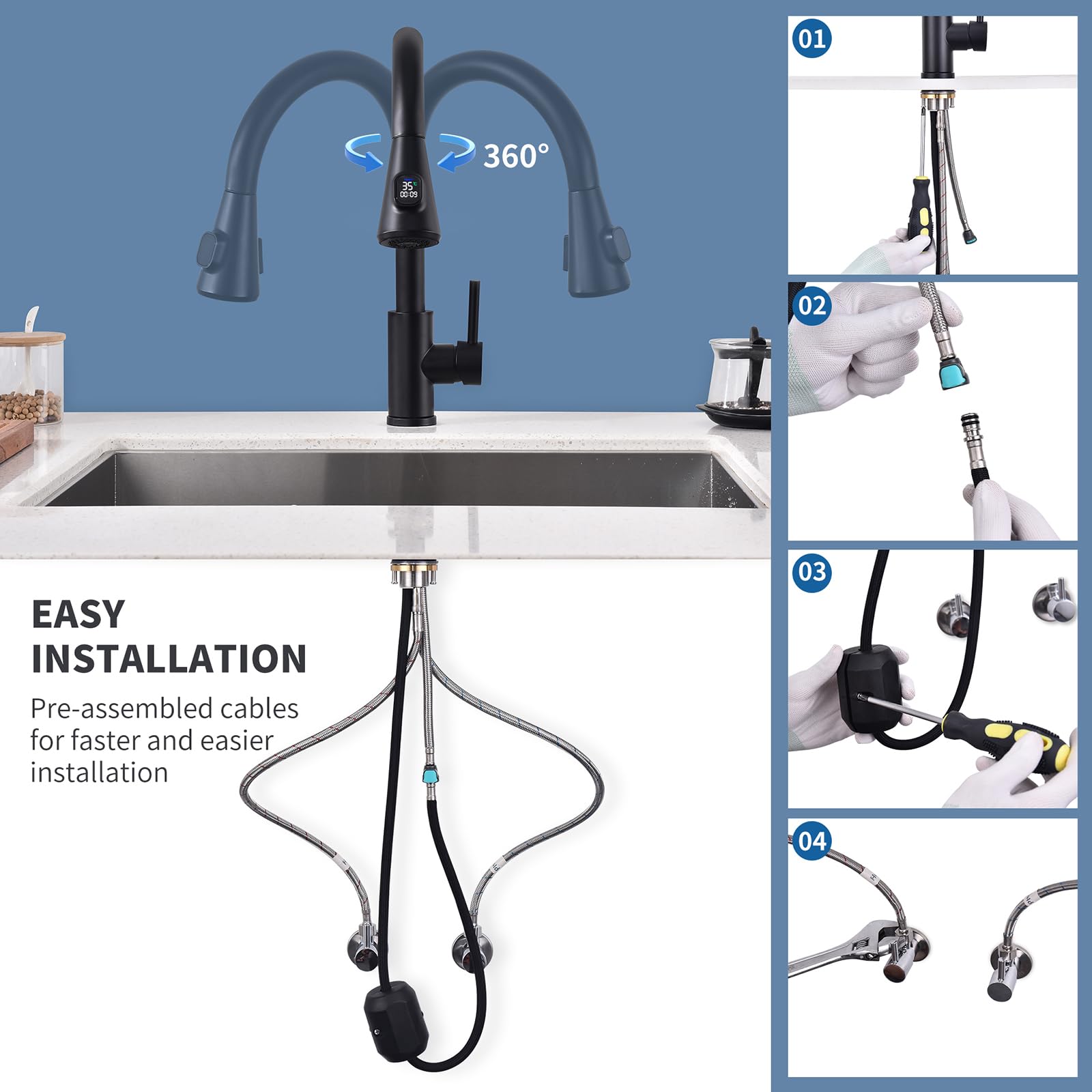 HOMELODY Wasserhahn Küche Schwarz mit LED Temperaturanzeige, Küchenarmatur Ausziehbar, Hochdruck Mischbatterie Spültischarmatur aus Edelstahl mit 2 Strahlarten, Einfache Installation