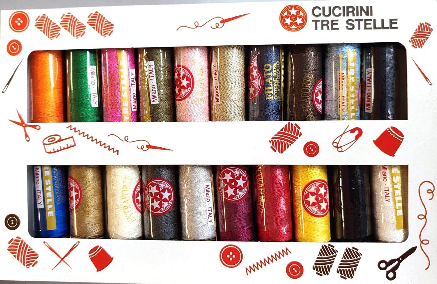 Cucirini Tre Stelle set filo da cucito con 20 bobine Tre Stelle Super 100m in 100% cotone mercerizzato Made in Italy