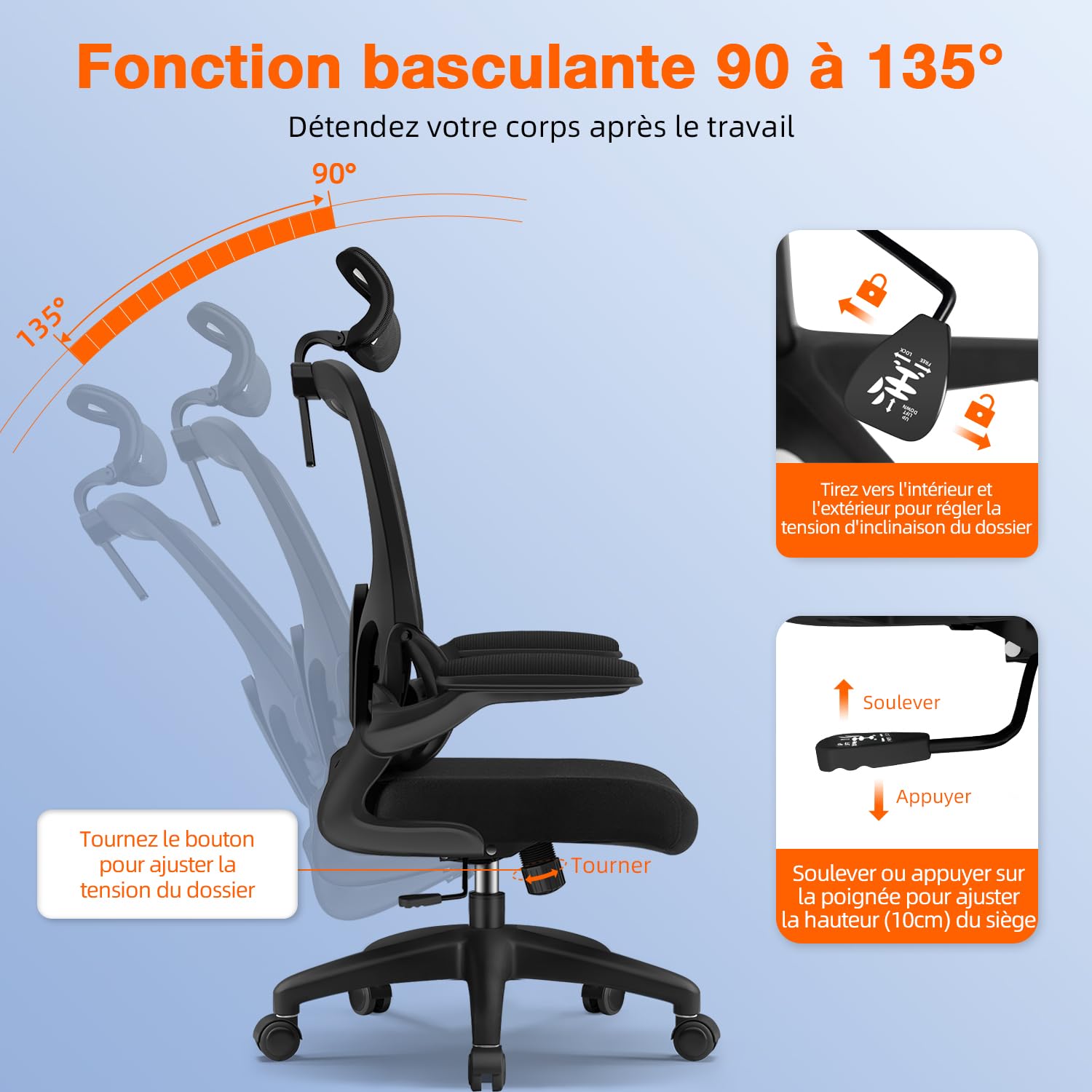 Chaise Bureau Ergonomique, Chaise de Bureau Inclinable Pivotant, Fauteuil de Bureau 150kg Confortable à roulettes, Appui-tête et Accoudoirs Ajustables, Siège Bureau avec Le Support Lombaire