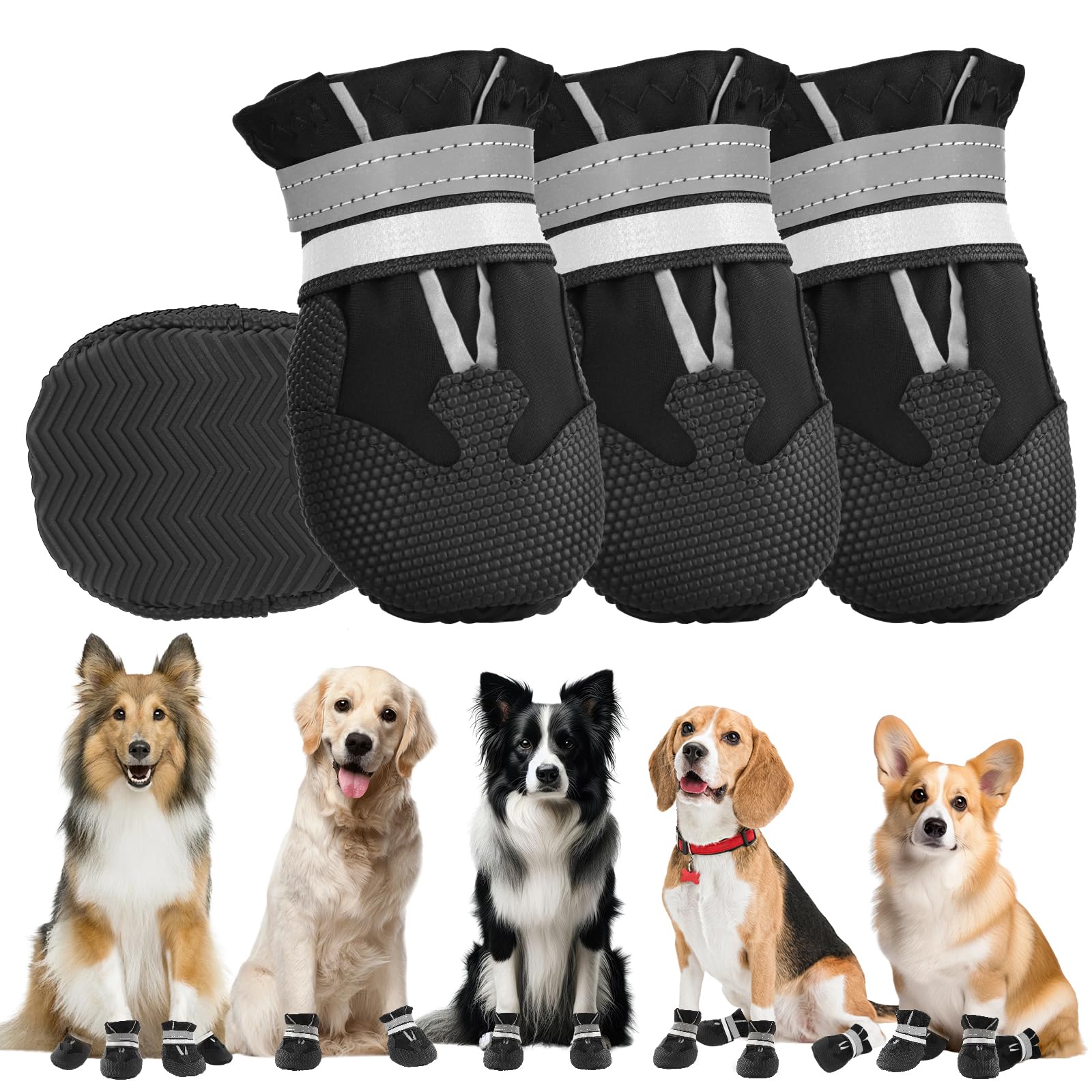 QKURT 4 Pieces Dog Boots Paw Protector, Waterproof Dog Shoes with Reflective Straps, Adjustable Washable Non-Slip