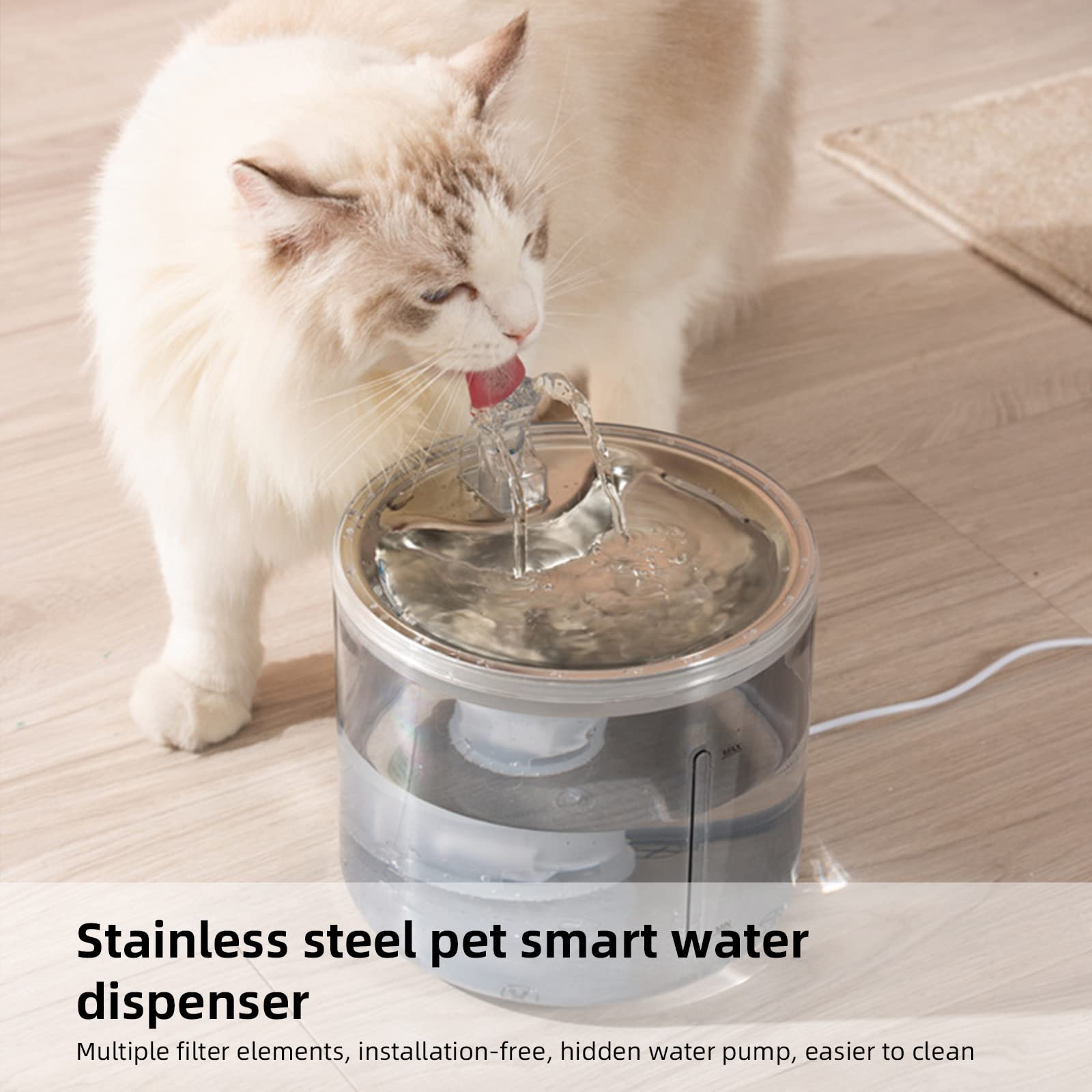 Fuente para Gatos de Acero Inoxidable, Fuente de Agua para Perros, Mascotas, dispensador de Agua supersilencioso con Cuatro Sistemas de filtrado/Ventana de visión/Puerto USB